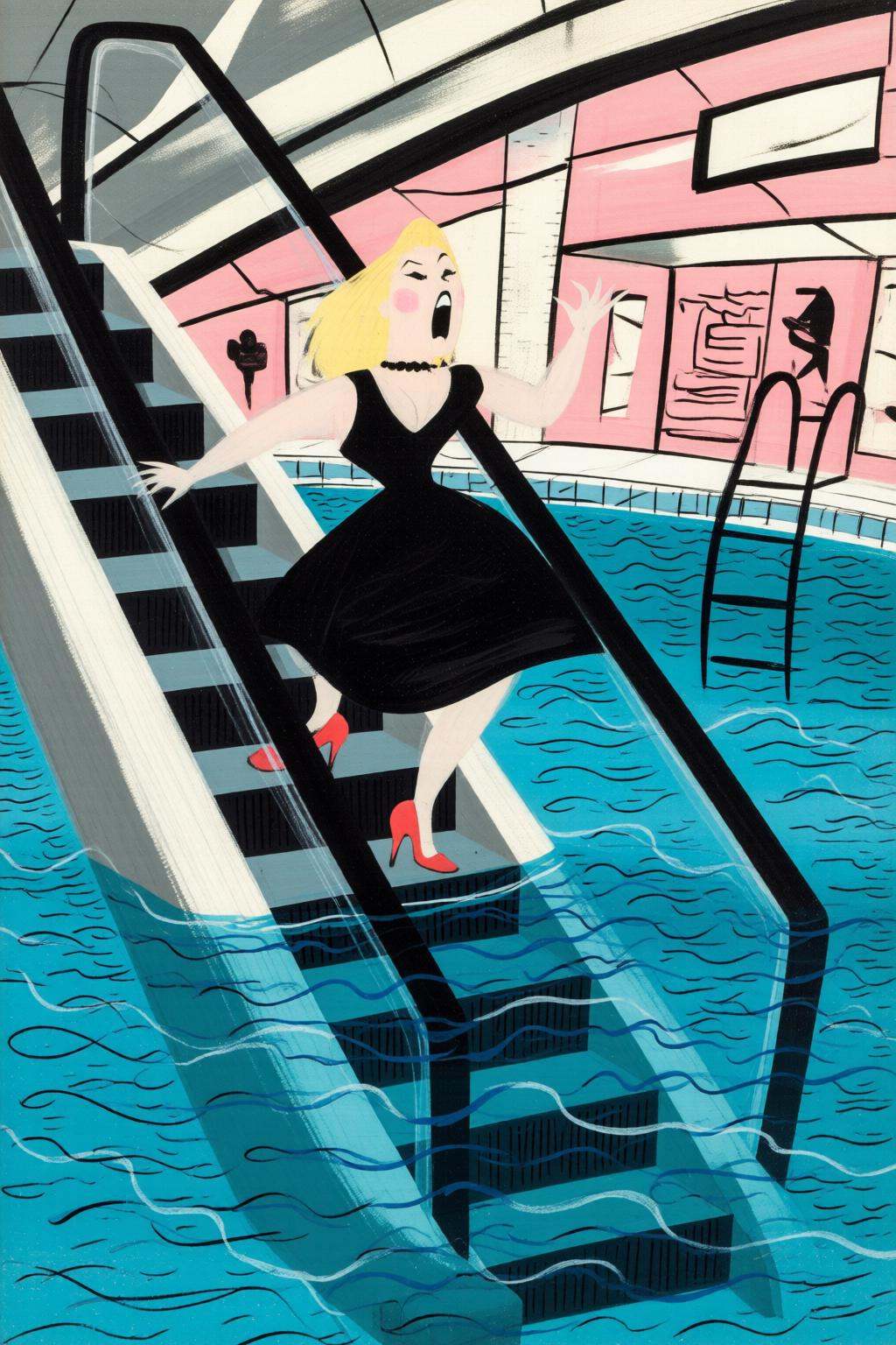 maryblair4q illustrationa woman in a chic little black dress and vibrant red high heels,  gracefully descending an escalat...