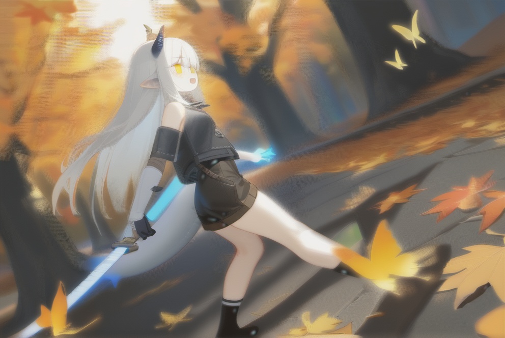 (masterpiece),(best quality),illustration,ultra detailed,hdr,Depth of field,(colorful),artist:wanke,artist:tianliang duohe fangdongye,bright outline,1girl, solo,dragon girl,slit pupils,blue pupils,glowing eyes,horns,long hair, floating hair, white hair, dragon tail, shiny butterfly, glowing butterfly, soft lawn, warm colors, Tyndall effect, Tyndall light, white long shirt, black sleeveless jacket, orange transparent sleeves, transparent Ceiling, fallen leaves, maple leaves, autumn, between two rows of trees there is a road filled with fallen leaves, in the middle of the road there is a beam of light shining on a sword stuck in the ground, sacred, ancient, side shot, wide angle shot, shorts, stepping Foot socks, hanging,transparent,transparent wings,Leather gloves, sharp teeth, mouth drool, clear glass strips, ancient wooden swords engraved with golden runes, foot socks, light gray foot socks, the bottom of the foot socks fades to black,furry,dragon girl