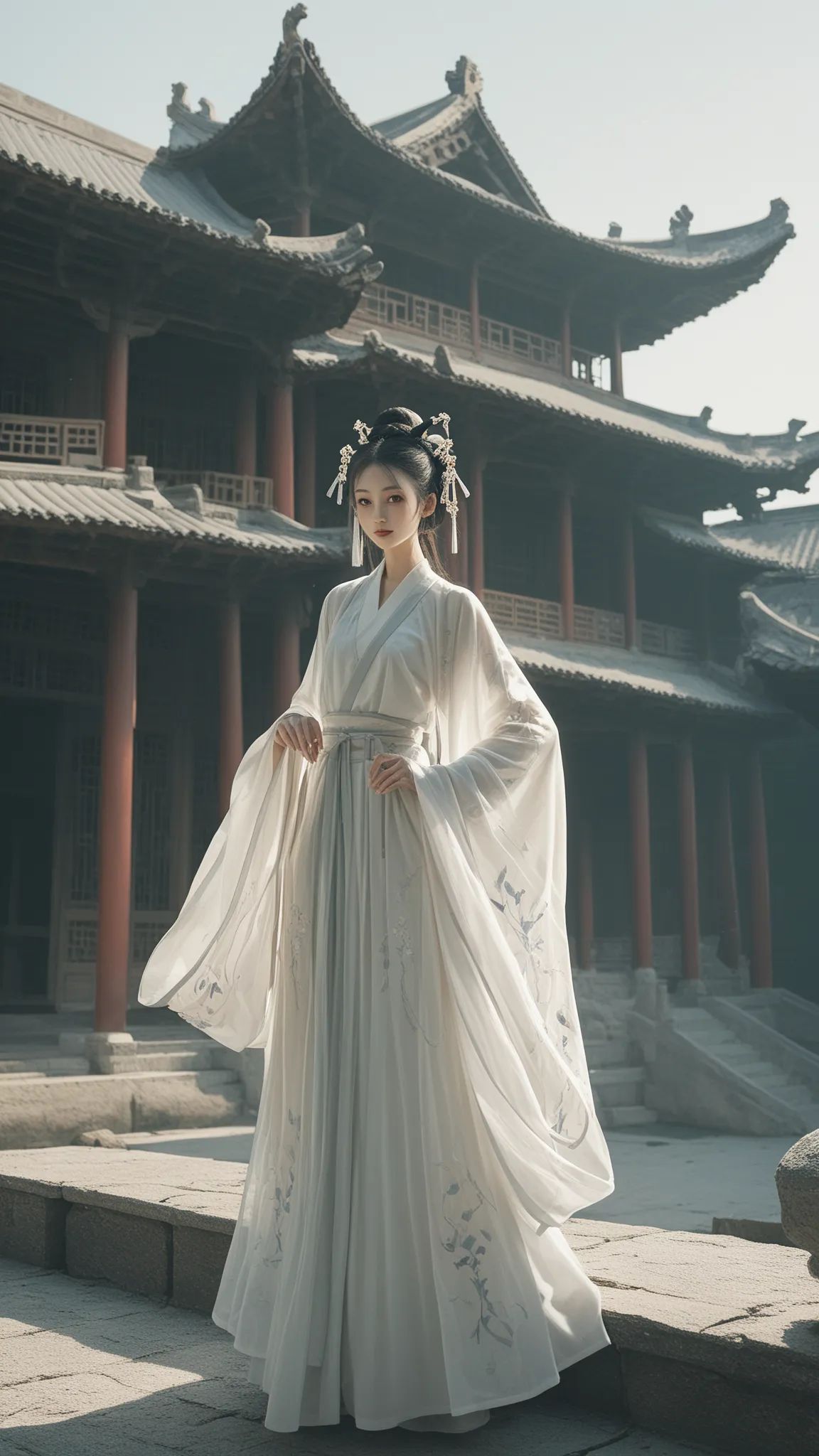 score_9,score_8_up,score_7_up,score_6_up,score_5_up,score_4_up,(1girl:1.4),hanfu,wide sleeves,long sleeves,sleeves past fingers,see-through,Ancient architecture,(high contrast:1.8),