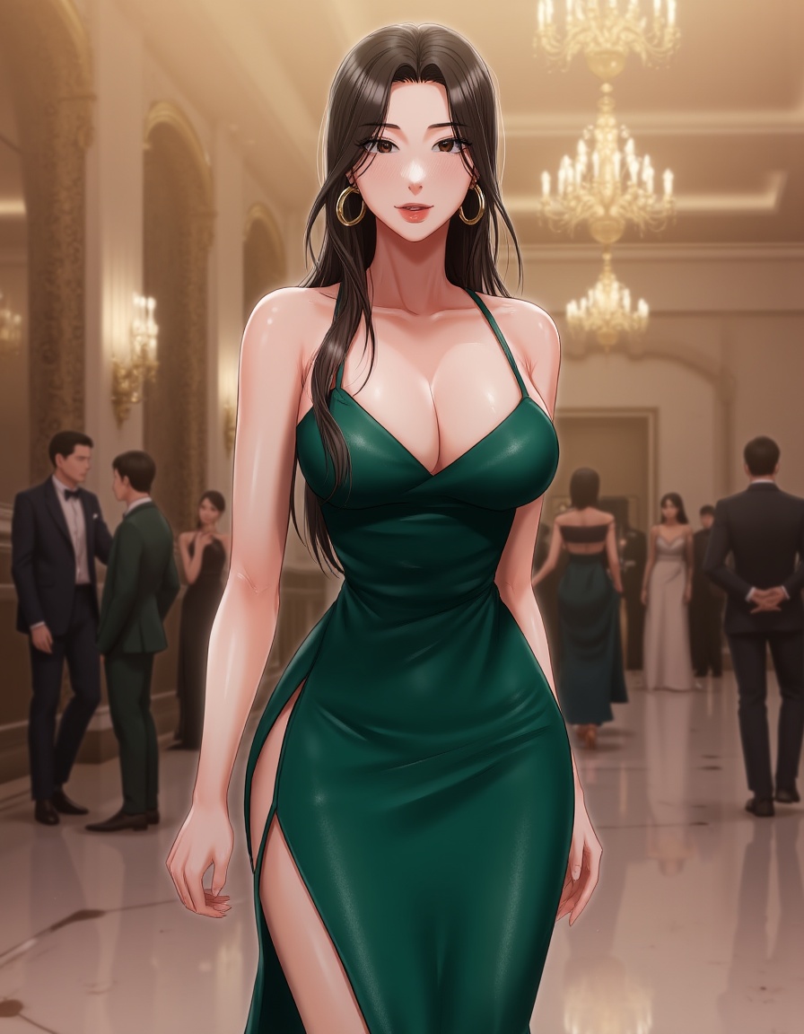 HyeRes Style. A highly detailed illustration of a confident woman with raven-black hair walking gracefully towards the vie...