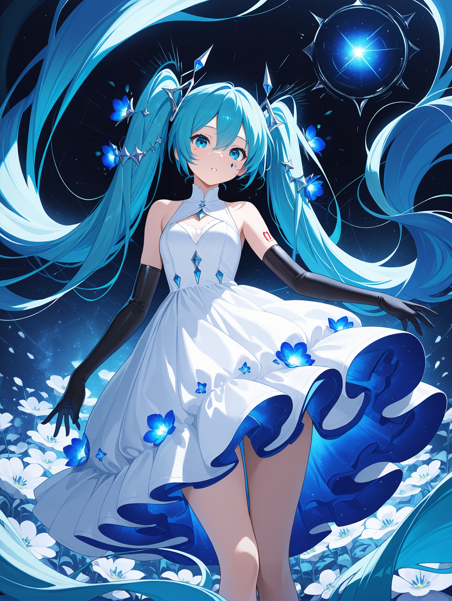 1girl, solo, long hair, hatsune miku, twintails, very long hair, dress, blue hair, gloves, full body, blue eyes, floating, looking at viewer, hair ornament, sleeveless, black gloves, multicolored hair, facial mark, sleeveless dress, flower, parted lips, absurdly long hair, elbow gloves, white dress, hair between eyes, bare shoulders,abstract background, energy , blue blue theme, universe, cowboy shot, ,masterpiece,best quality,amazing quality,