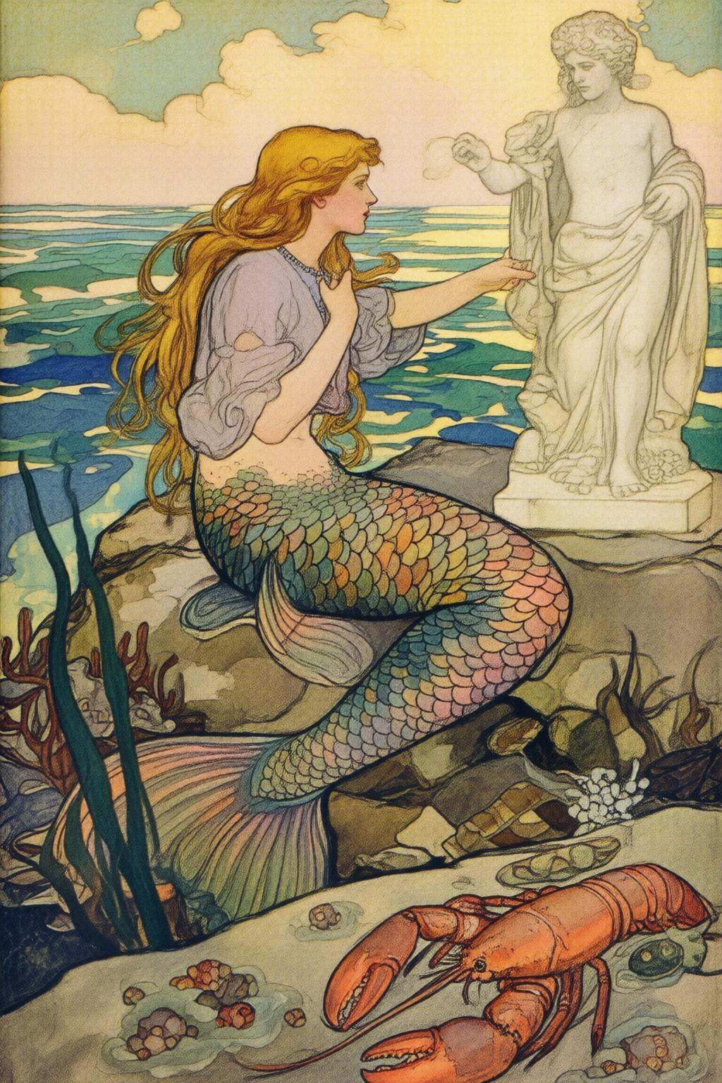 elizabethshippengreen2q illustration.ivanbilibin1. A mermaid with long,  flowing golden hair,  is show in side profile vie...