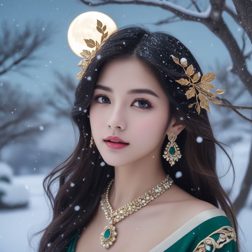 <lora:836-DA-XL-朴正允-绿-B:0.8>, (,1girl, ,best quality, ),,  picture-perfect face,   clean, masterpiece,     cinematic lighting, cinematic bloom, fantasy,  , unreal, science fiction, ((,1girl, pov,))(((,tree, 1girl, full moon,snowing,snow ,solo,     solo focus,  long_hair, looking_at_viewer,  )))  (rich:1.4,)     prestige, luxury, jewelry, diamond, gold, pearl, gem, sapphire, ruby, emerald, intricate detail, delicate pattern, charming, alluring, seductive, erotic, enchanting, hair ornament, necklace, earrings, bracelet, ,