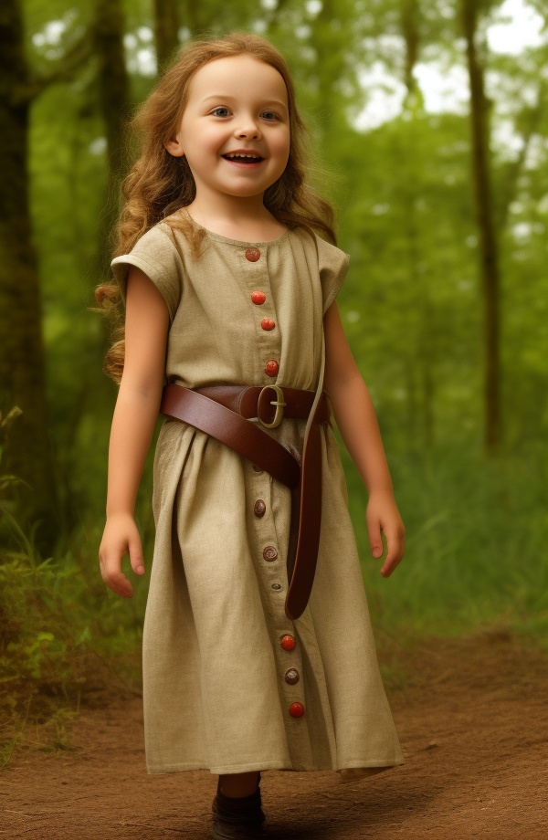 6 yo cute child girl,  Long linen dress with leather belt,  buckles and buttons on Tensor.Art