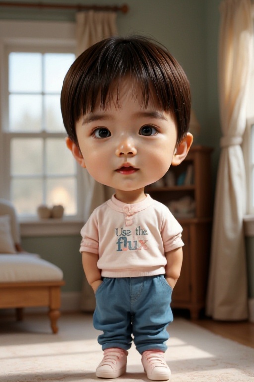 <lora:AgainF1ChibiLora:1>,boy,chibi,full body,indoors,the boy is wearing clothes with the words"Use the flux model"