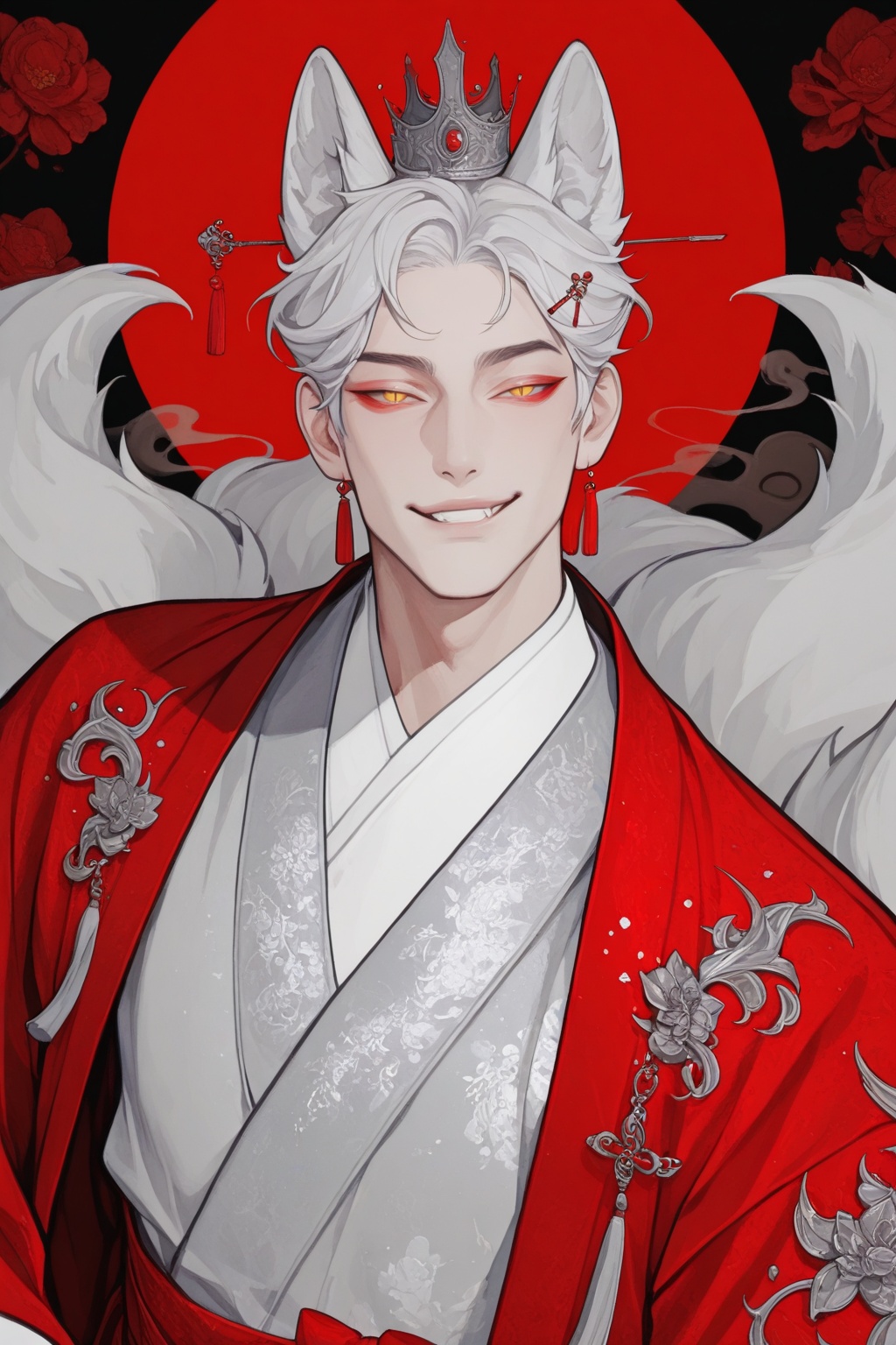 1man,  luxurious_red_hanbok,  silver_embroidery_foxes on Tensor.Art