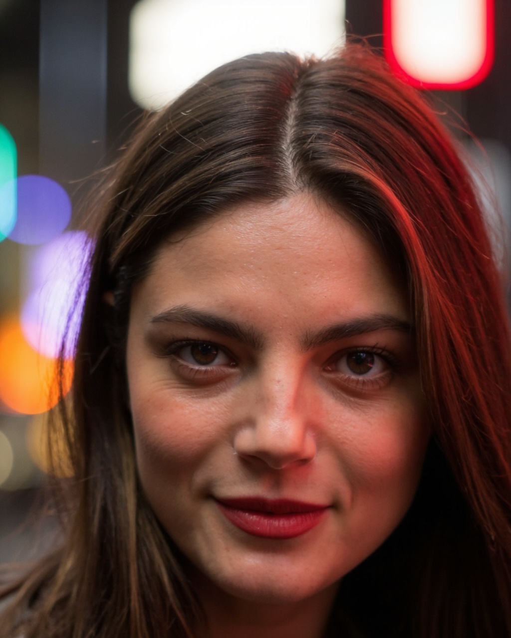 A high-resolution photograph of a close-up of monica_barbaro with fair skin and striking green eyes. She has long,  thick,...