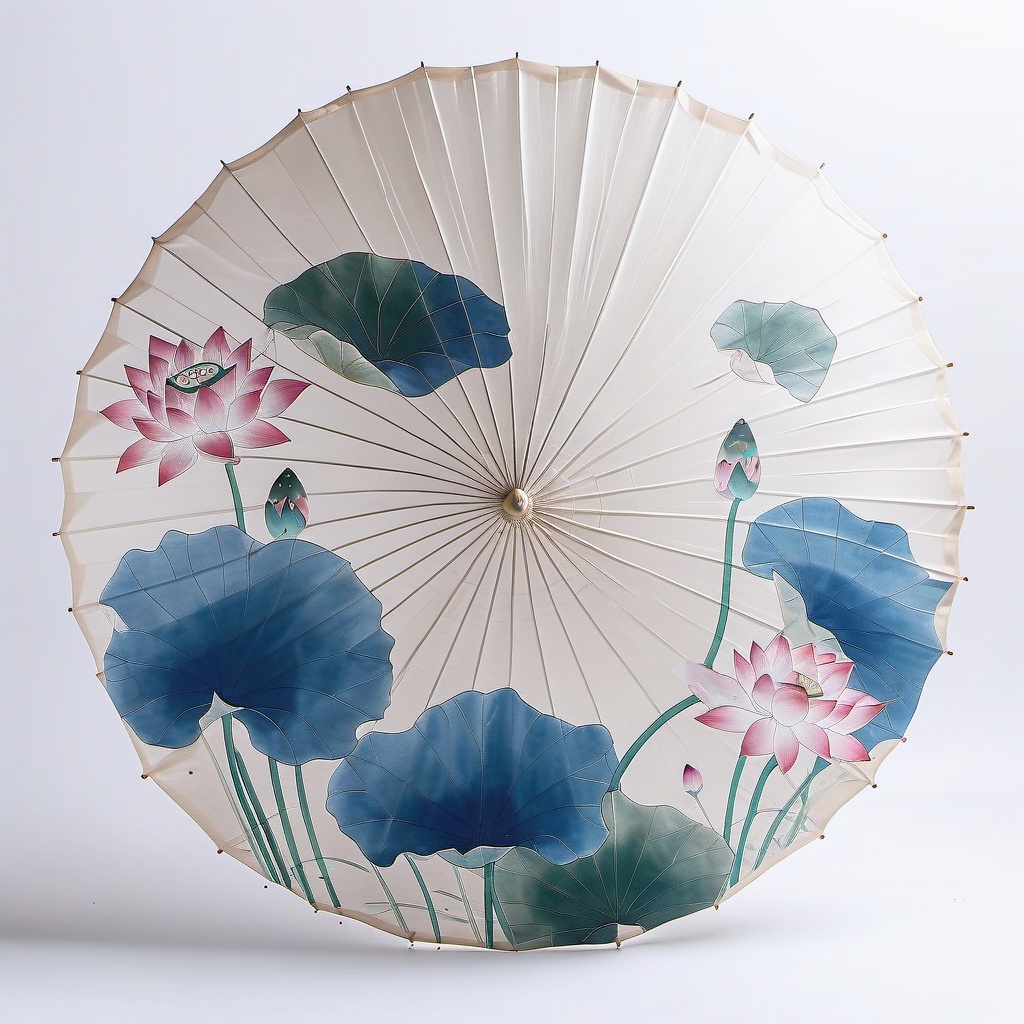 san,umbrella,An intricately painted parasol flaunts a delicate,floral design with big blue lotus blooms,pink water lilies,and green stems,all on a light beige background. The parasol's ribs are clearly visible,and the fabric is smooth and slightly shiny.,,<lora:sanv1:0.8>