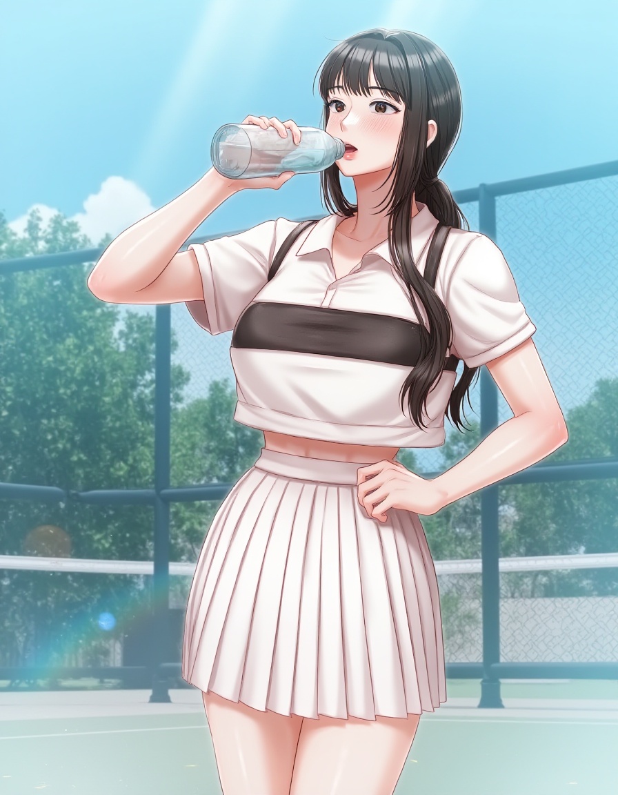 HyeRes Style. A woman with black hair wearing a tennis outfit with a pleated skirt drinking water from a bottle in the mid...
