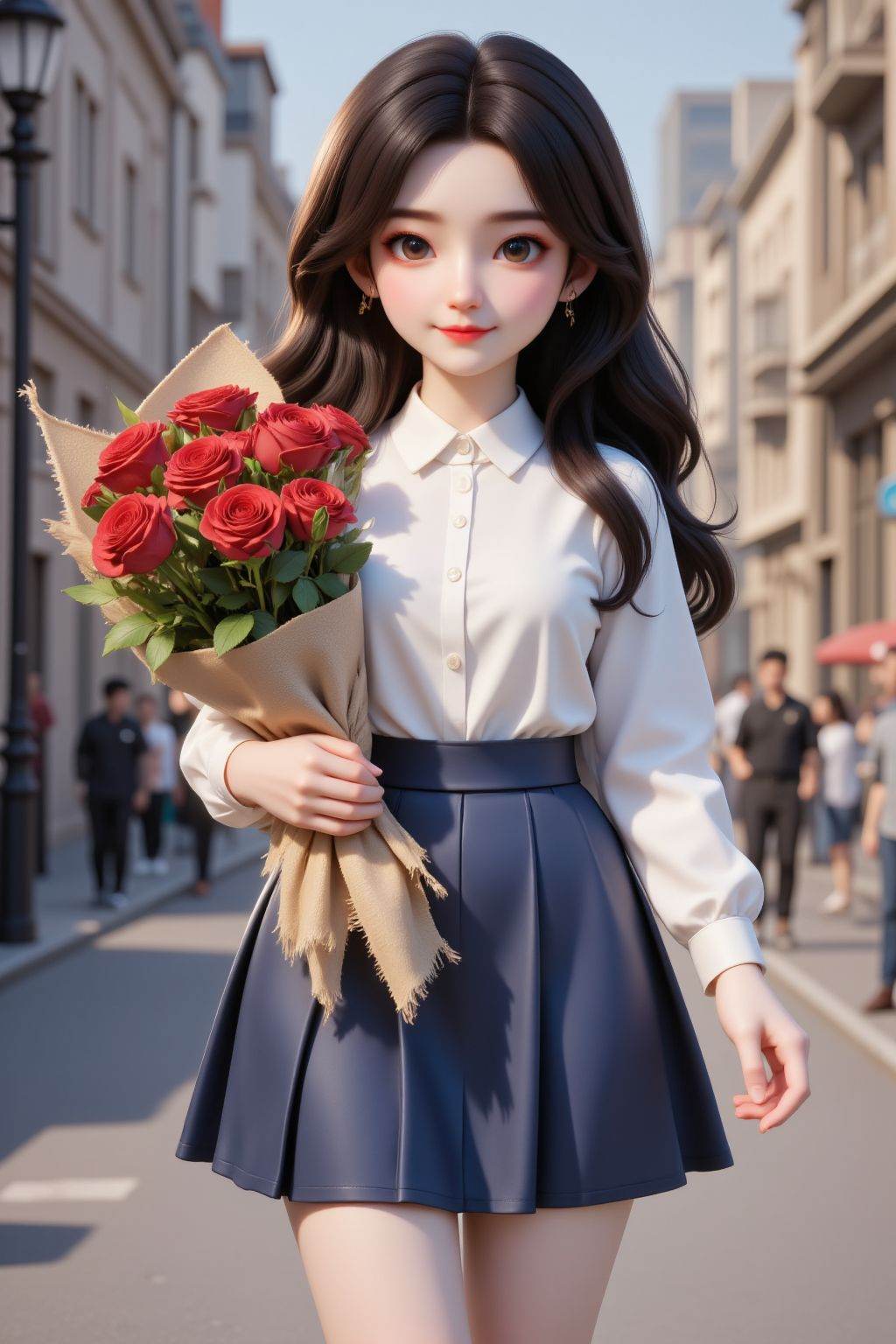 chibi,  A photograph of a woman with fair skin and long wavy black hair. She is wearing a white long-sleeved button-down s...