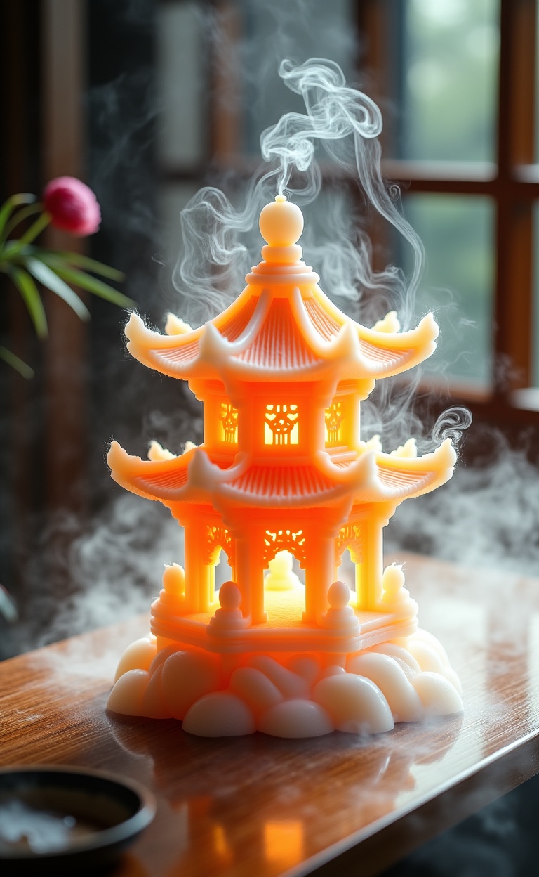 miluo_zsyd, Photograph of a traditional Chinese incense burner shaped like a pagoda, made from a light, translucent material, emitting a soft orange glow. The burner is adorned with intricate carvings and stands amidst swirling smoke. Background features blurred wooden structures and a hint of greenery. The overall ambiance is serene and mystical.<lora:米洛-中式盘中餐-flux-12.7:1>