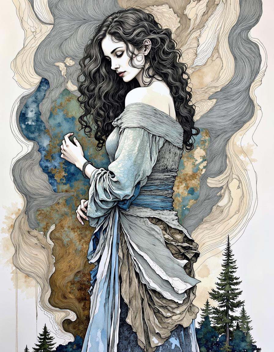 This image is a highly detailed,  surreal watercolor and ink drawing of a woman in a contemplative pose. The woman has pal...