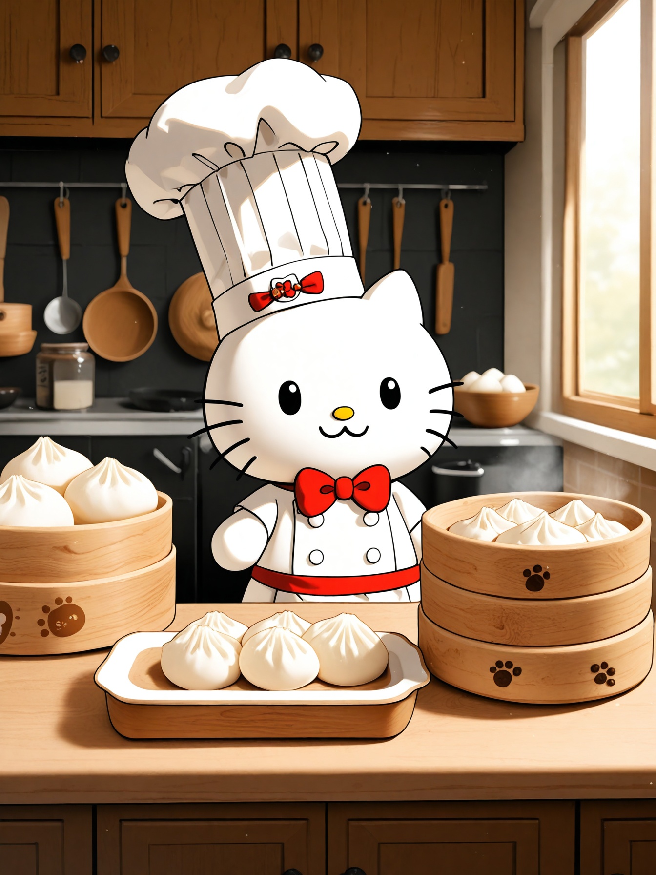 A cute,  plush Hello Kitty character dressed as a chef,  complete with a white chef's hat and a red bow on the left ear. T...