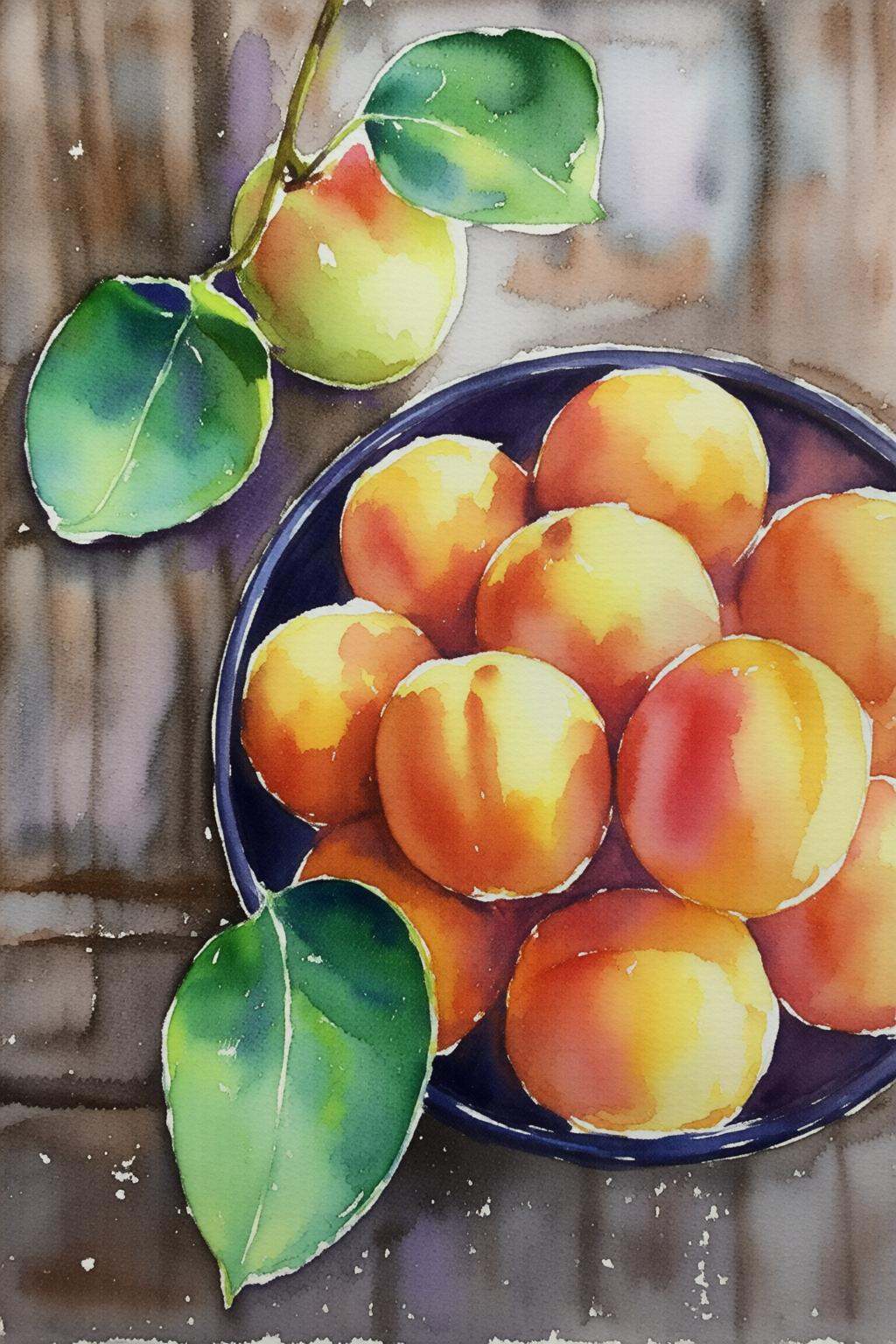 watercolorbasic2q watercolor painting.A bowl of peaches and a peach branch. on Tensor.Art
