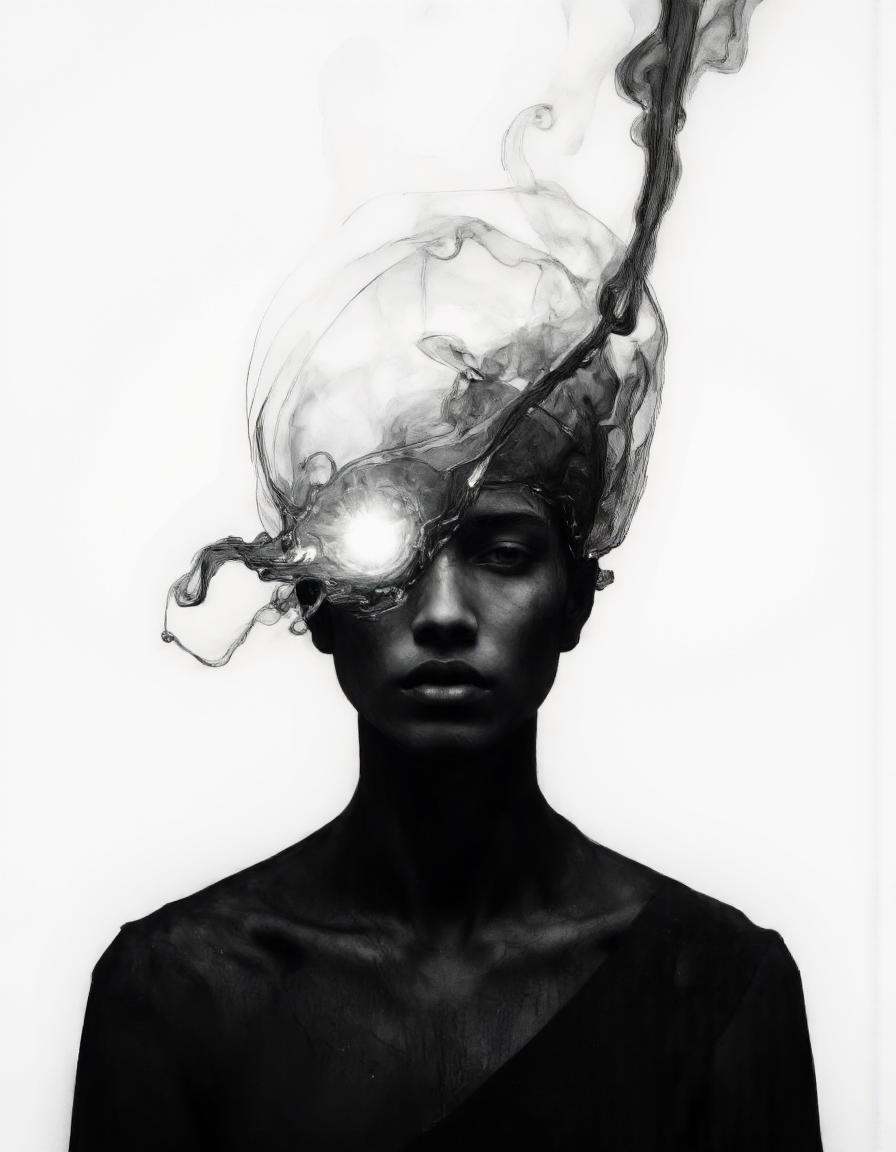 A grayscale,  artistic portrait of a figure.�The figure appears to be a person,  possibly a male on Tensor.Art
