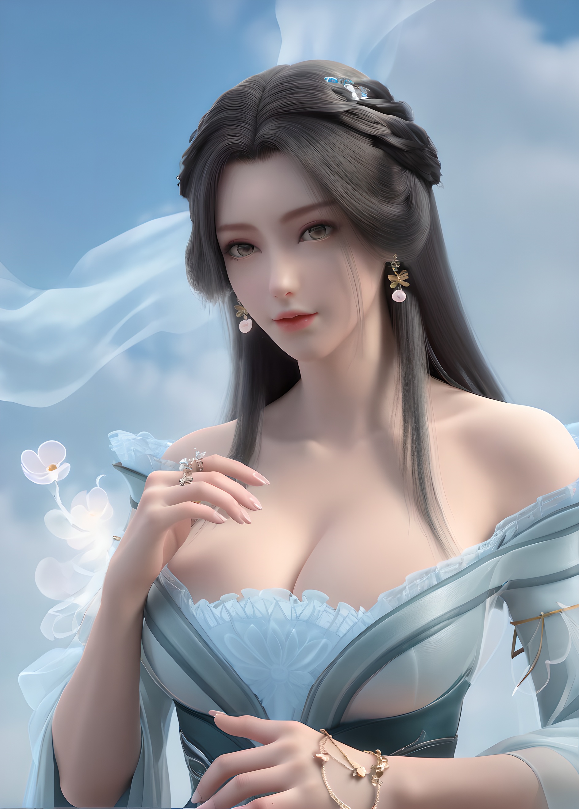 score_9,score_8_up,score_7_up,<lora:SF_JiangLi_Pony-000003:0.7>,incredibly absurdres,1girl,solo,standing,dress,breasts,large breasts,lips,jewelry,hair ornament,looking at viewer,white background,