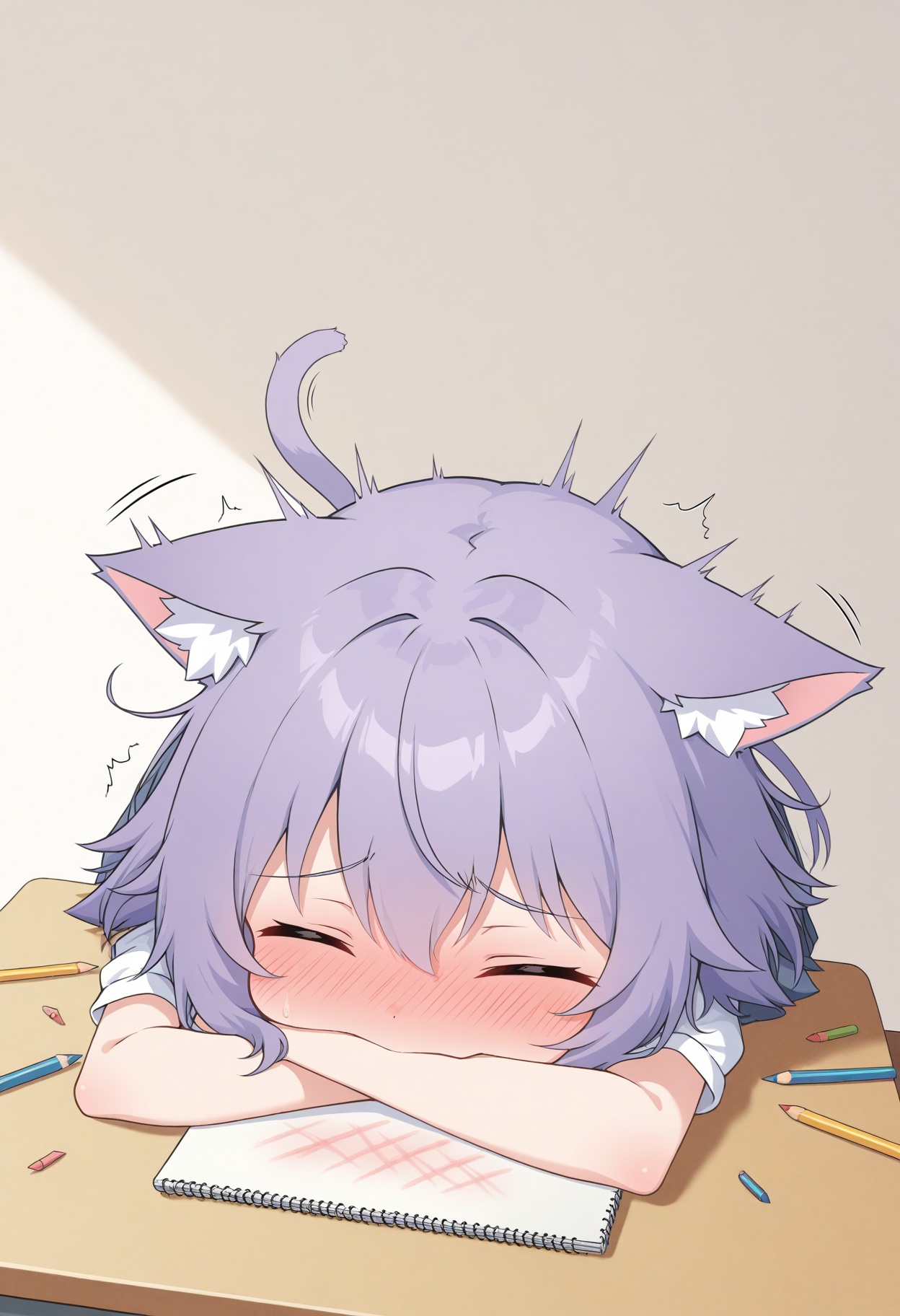 dynamic anime composition,  energetic neko-chan,  leaning over desk on Tensor.Art