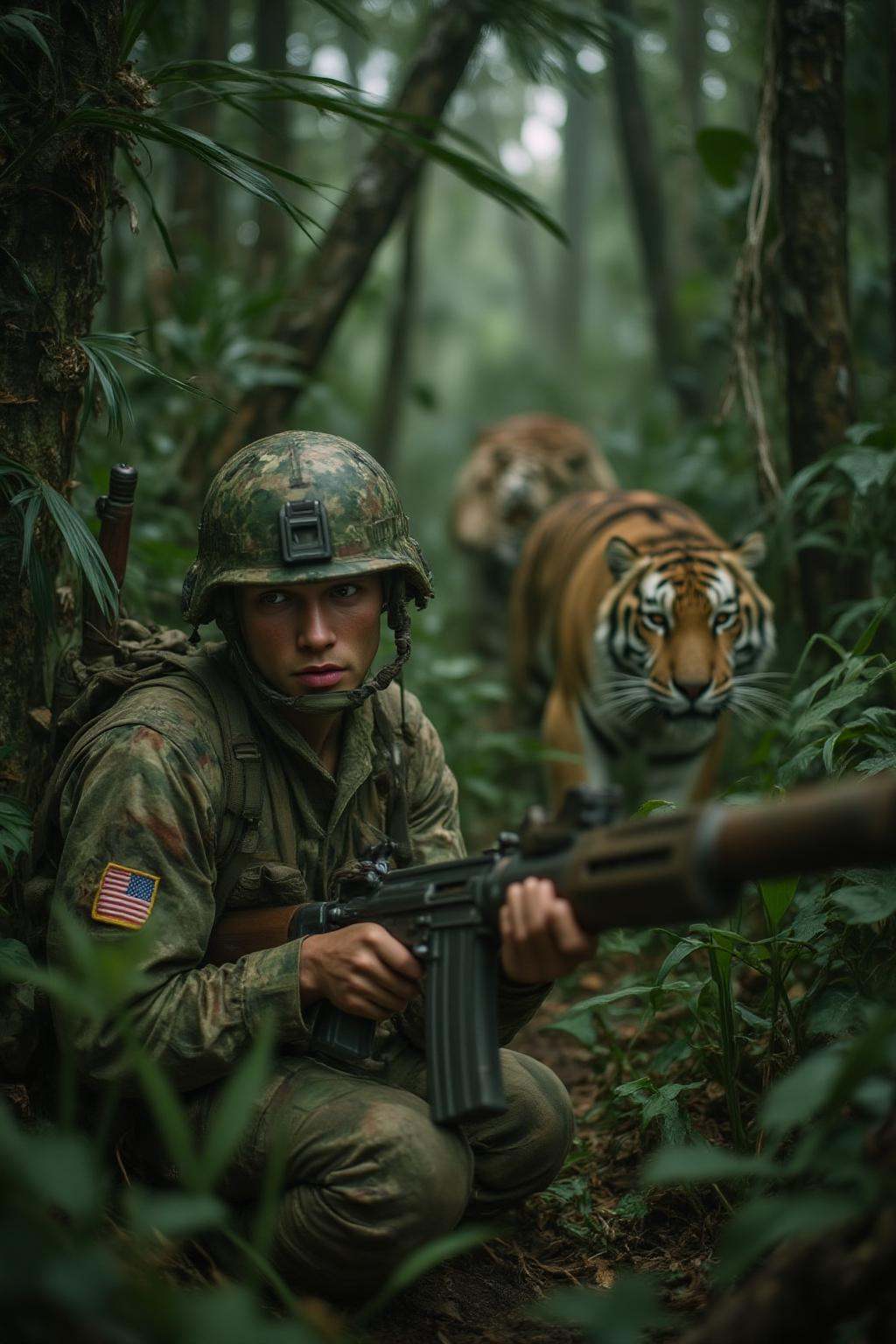 midjourney photograph.Create a tense jungle scene set in Vietnam,  featuring a dense,  lush environment with thick foliage...