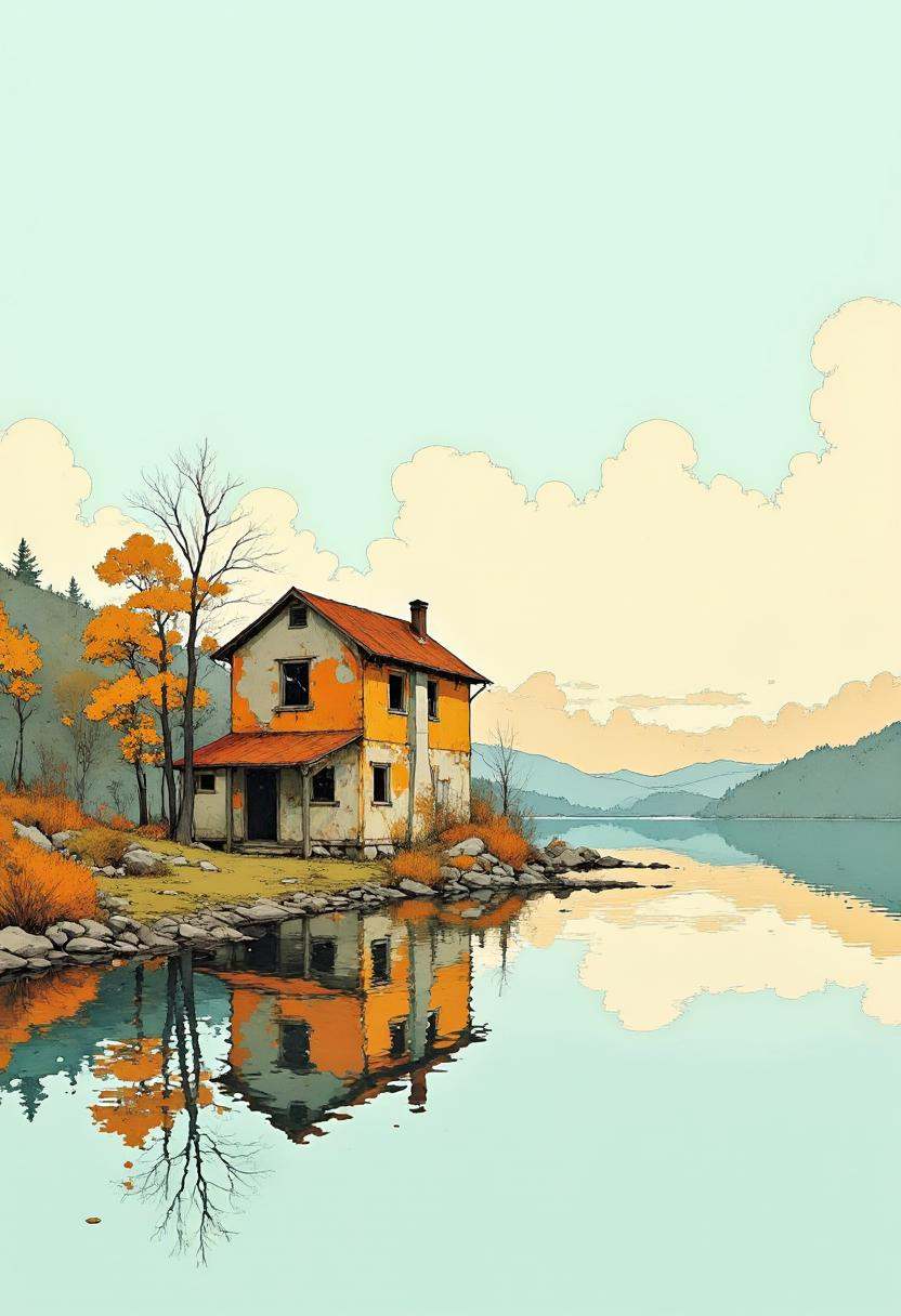 A digital illustration featuring a small house on the shore of a lake. The house is a two-story building with a sloping ro...