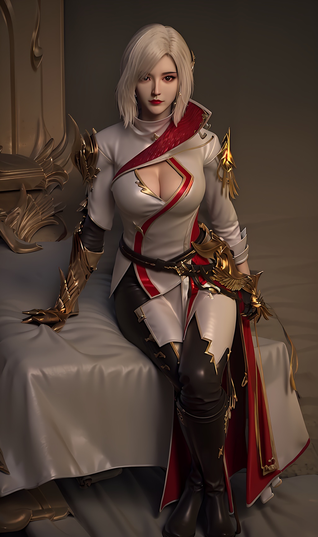 3D,masterpiece,(best quality),(makeup),official art, extremely detailed cg 8k wallpaper,((crystalstexture skin)), (extremely delicate and beautiful),(highly detailed),(face),(collar),(gold_trim),(1girl), (solo), (jewelry), (earrings),(white_hair),(short_hair),(hair_ornament),(handwear),(breasts),(cleavage),((sitting)),((full_body,whole_body)),(closed_mouth),(black_pants),,(long_skirt),(multicolored_clothes),(multicolored_dress),(shiny_clothes),(city,outdoor,bed),(long_legs),(gauntlets),(armor),(shoulder_armor),,((looking_at_viewer)),((Facing the camera)),(boots),(leather_boots),, <lora:hipoly3DModelLora_v10:0.3>