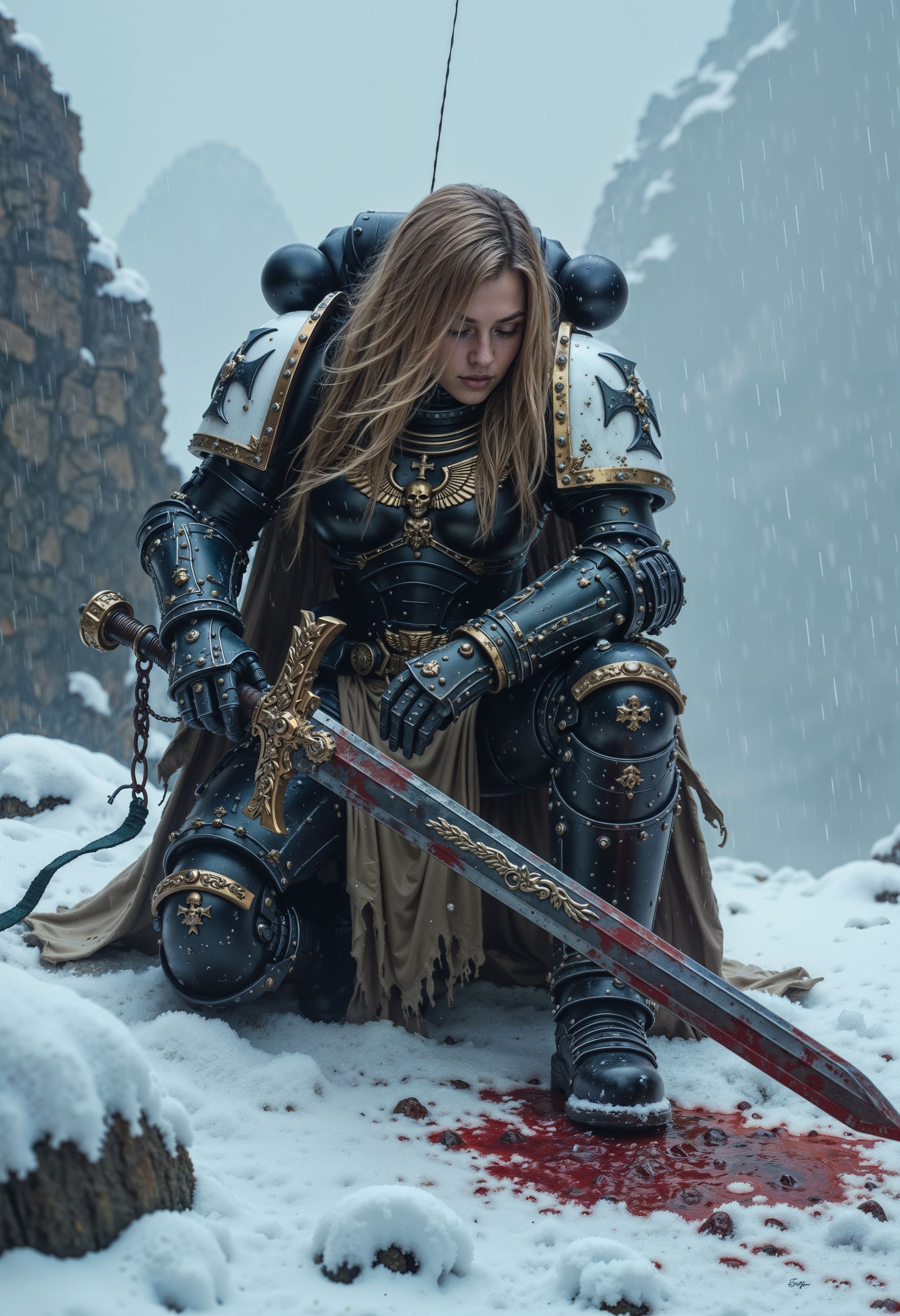 An atmospheric and powerful dark fantasy image,  classical style painting of a beautiful female BlackT40k space marine dre...