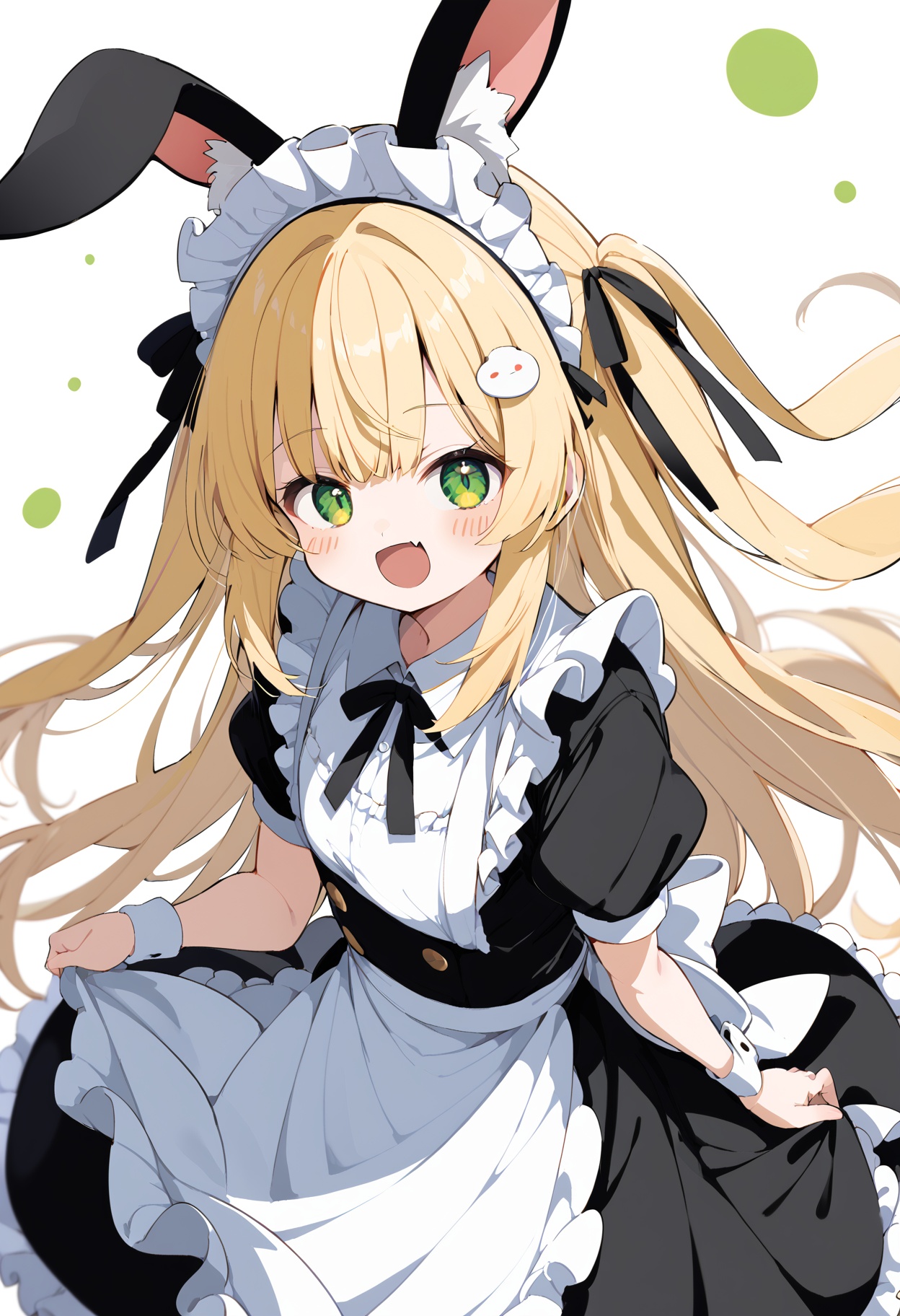 score_9, score_8_up, score_7_up, source_anime BREAK 1girl, solo, rabbit ears, maid, smile, frilled apron, white shirt, black skirt, green eyes, white apron, animal ears, blush stickers, :d, simple background, alternate costume, animal ear fluff, puffy sleeves, holding, skirt, enmaided, long hair, hair ornament, wrist cuffs, short sleeves, waist apron, open mouth, collared shirt, puffy short sleeves, shirt, frills, white background, fang, apron, very long hair, fake animal ear, maid headdress, blonde hair <lora:Siro9_pony:1>