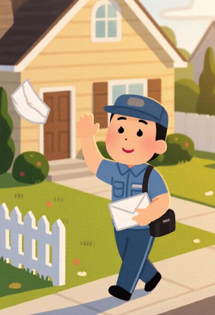 irasutoya3q illustration. A postman delivering letters to a suburban home,  his uniform crisp and neat. The front yard is...