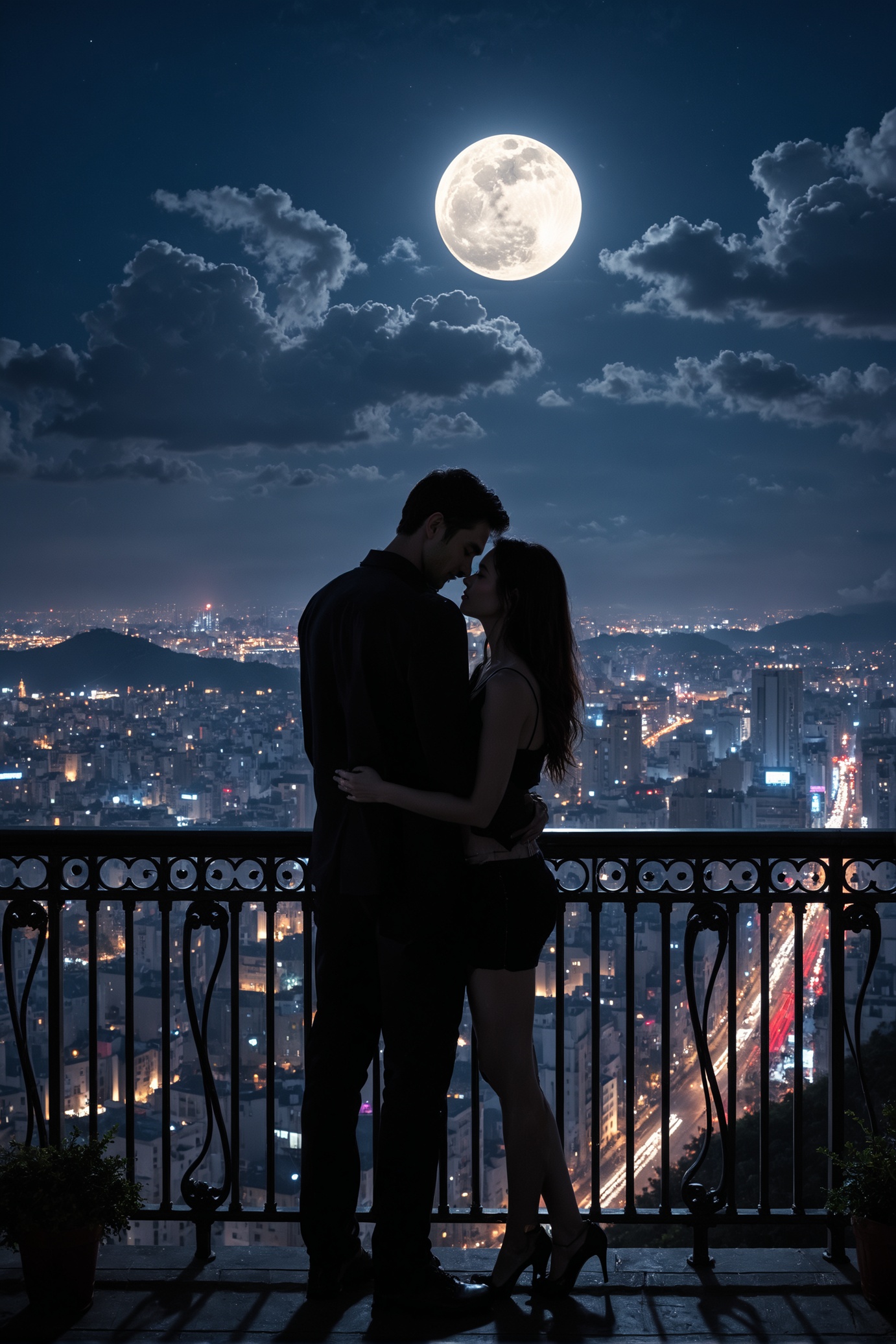 A couple sharing an intimate moment under the moonlight,  standing on a balcony overlooking a bustling city. on Tensor.Art