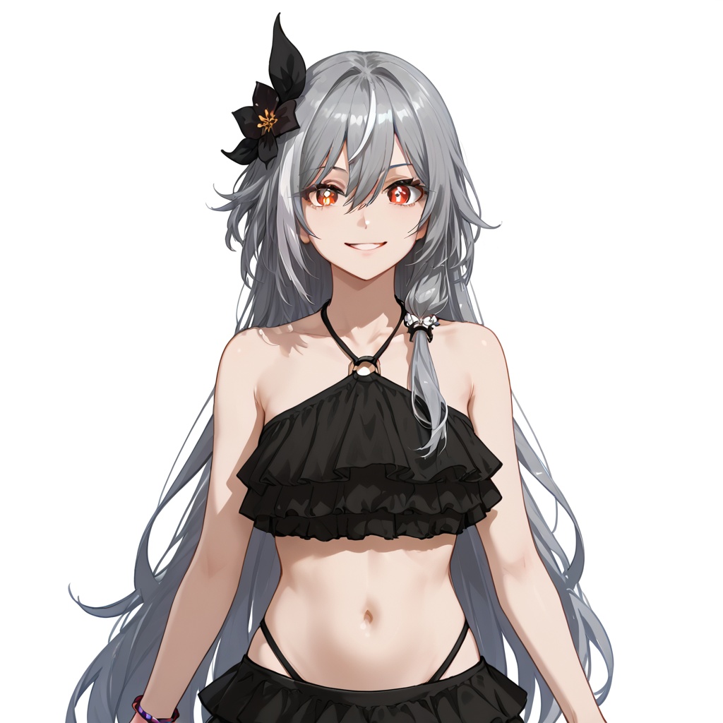 (white background:1.2),looking at viewer,(SOLO:1.4),outline,simple background,upper body, cowboy shot,looking at viewer,(((arms at side))),  senti swimver,senti,long hair,smile,bangs,red eyes,hair between eyes,silver hair,white hair,gray hair,multicolored hair,streaked hair,yellow pupils,diamond shaped pupils,fu_hua,bare legs,silver hair,midriff,hair ribbon,bikini skirt,skirt,sandals,black bikini,swimsuit,hair flower,frills,frilled bikini,bracelet,bikini,sleeveless,multicolored hair,hair ornament,<lora:yongzhuang-senti-pony:0.8>