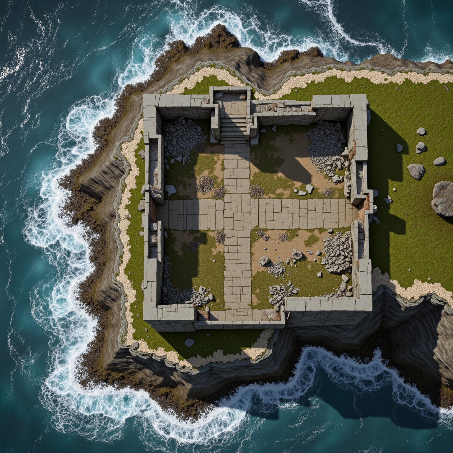 A top-down view of a crumbling stone fortress on a storm-battered cliffside,  with shattered battlements,  mossy paths on...