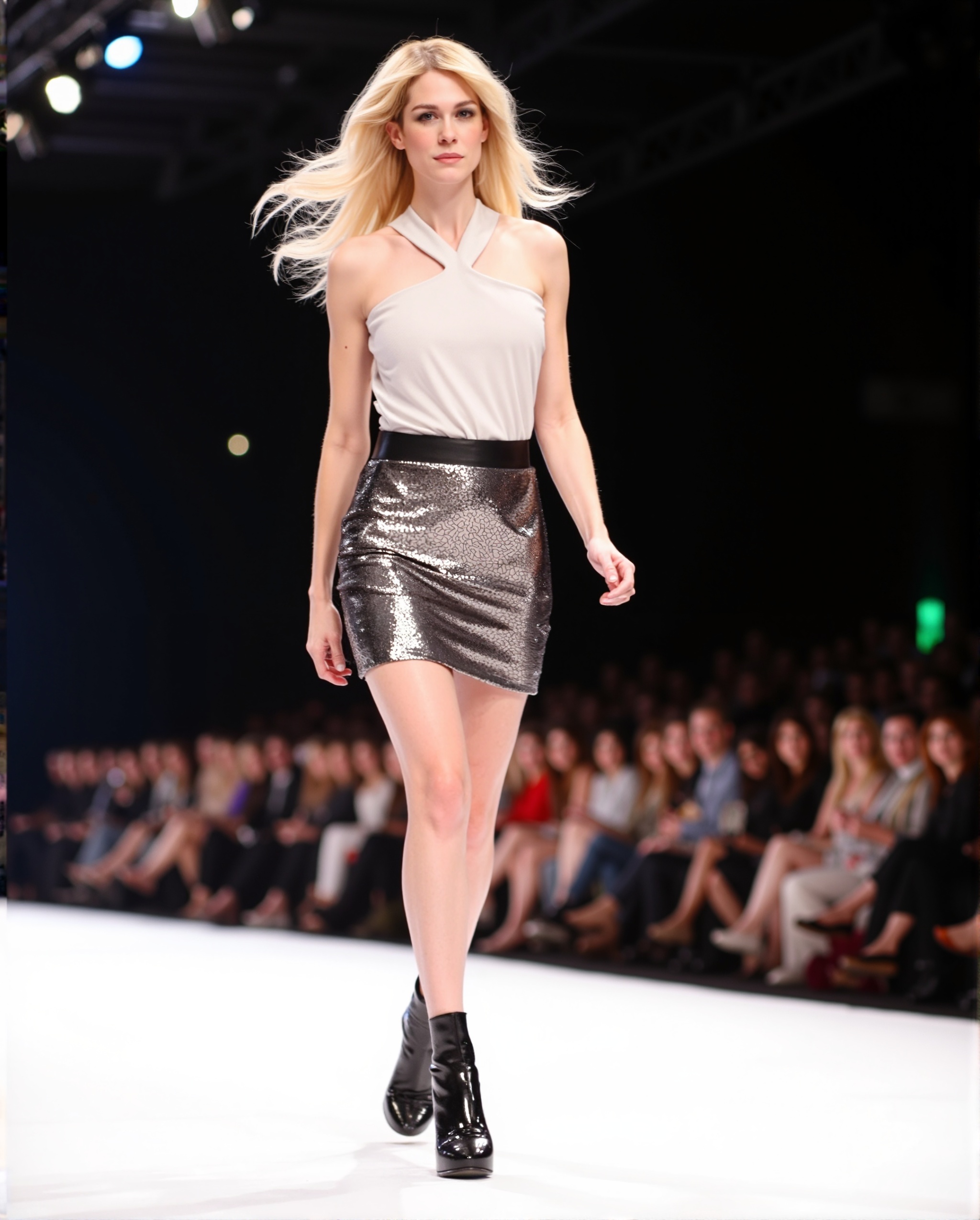 A fashion photograph of L3M01N3 on a catwalk,  her long blonde hair flowing behind her as she struts with confidence and g...
