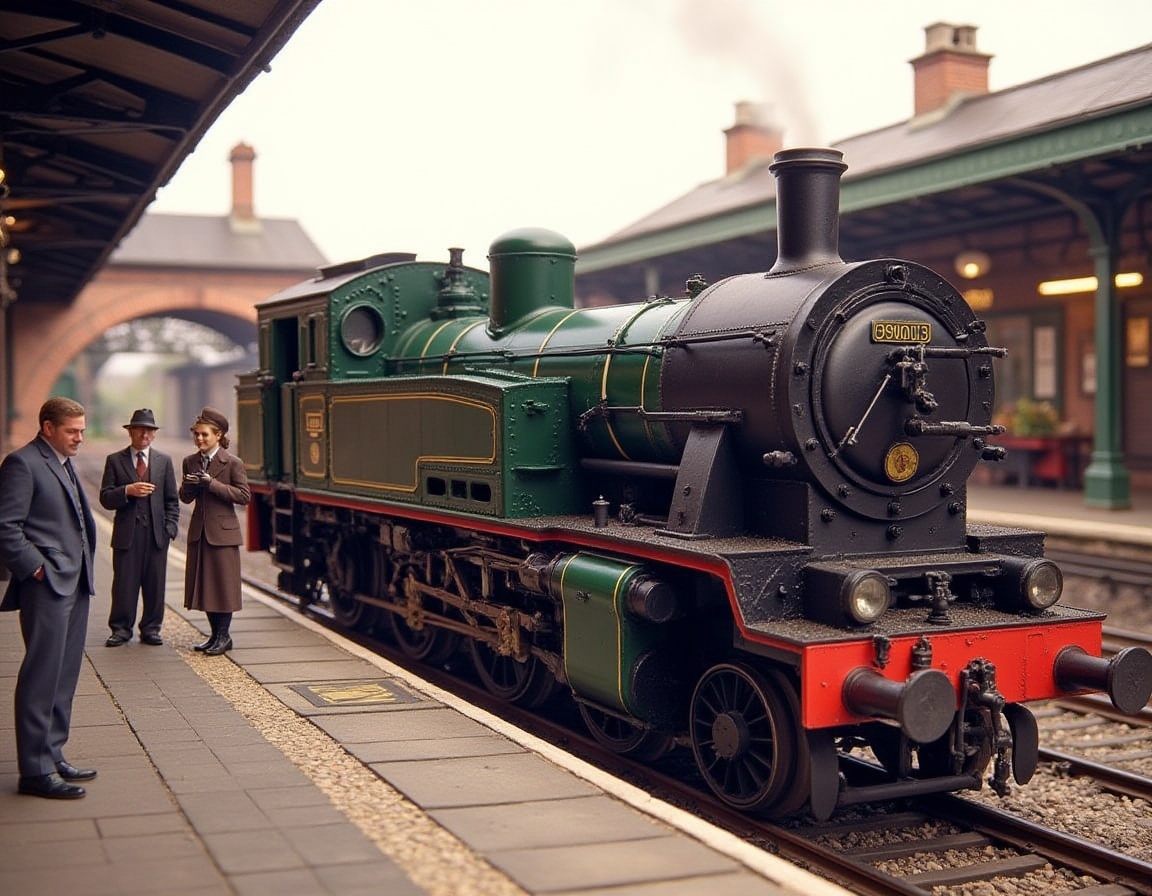 A detailed scene featuring a vintage steam locomotive,  model number 96013,  parked at a railway station. The setting is c...