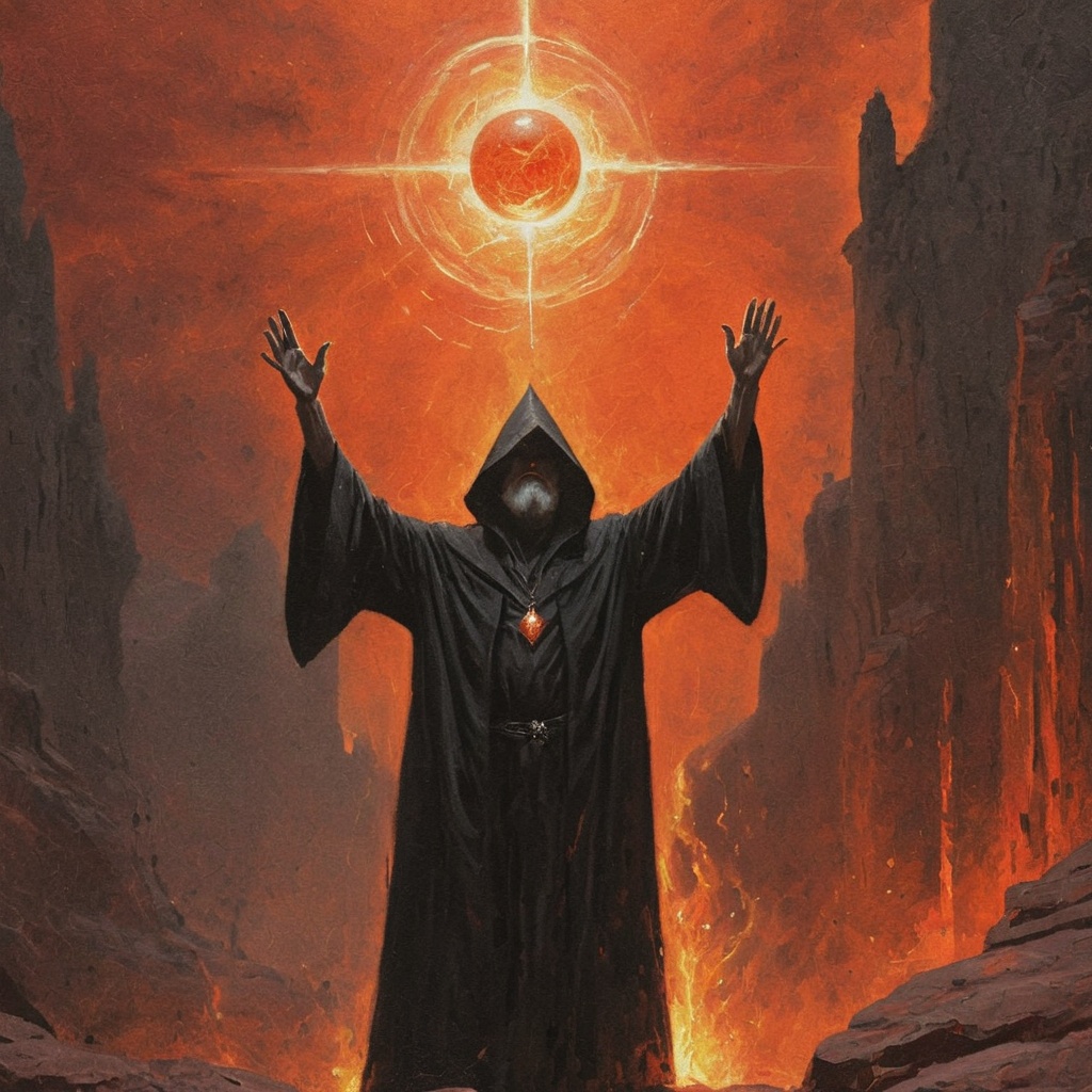 dark fantasy art style,  a painting of wizard in a black robe with arms raised,  summoning a bright orb of light against a...
