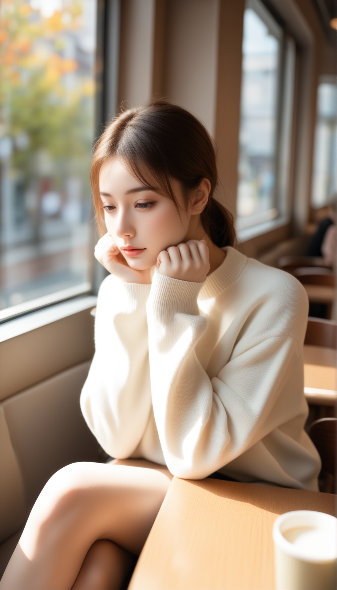 A young woman with fair skin and long brown hair tied back in a loose ponytail,  wearing a white,  long-sleeved sweater. S...