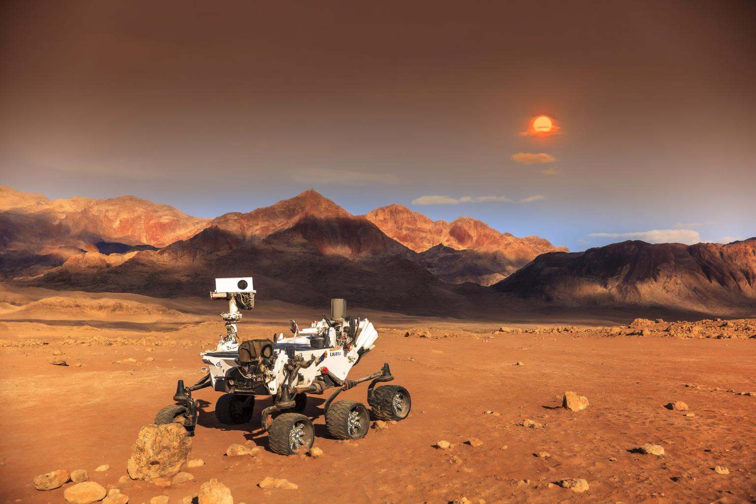 aurelmanea2q photography. Perseverance Mars rover in the foreground,  its scientific instruments and wheels clearly visibl...