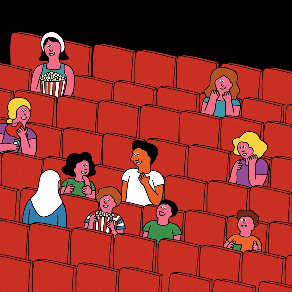 A colorful digital drawing depicts a diverse group of people in a cinema,  seated in red seats. The characters,  with exag...