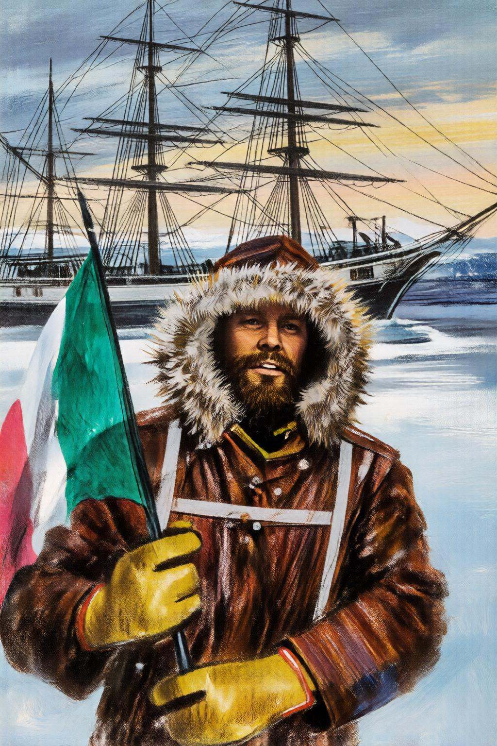 giannirenna2q illustration. A bearded man wears a thick,  brown,  fur-lined coat and holds an Italian flag with green on T...