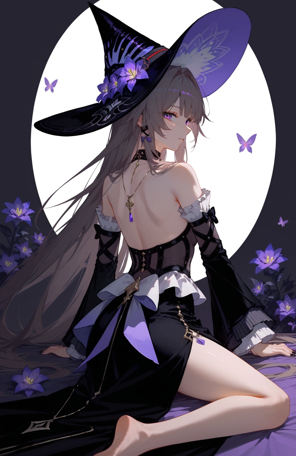<lora:大黑塔pony:1> theherta, a girl named theherta, 1girl, bare shoulders, witch hat, black headwear, purple flower, hat flower, detached sleeves, black dress, long sleeves, backless dress,nsfw,sexy legs,spread legs,from behind, (score_9,score_8_up,score_7_up),(masterpiece,best quality,high quality:1.2),absurdres, prefect lighting, very aesthetic, anime BREAK