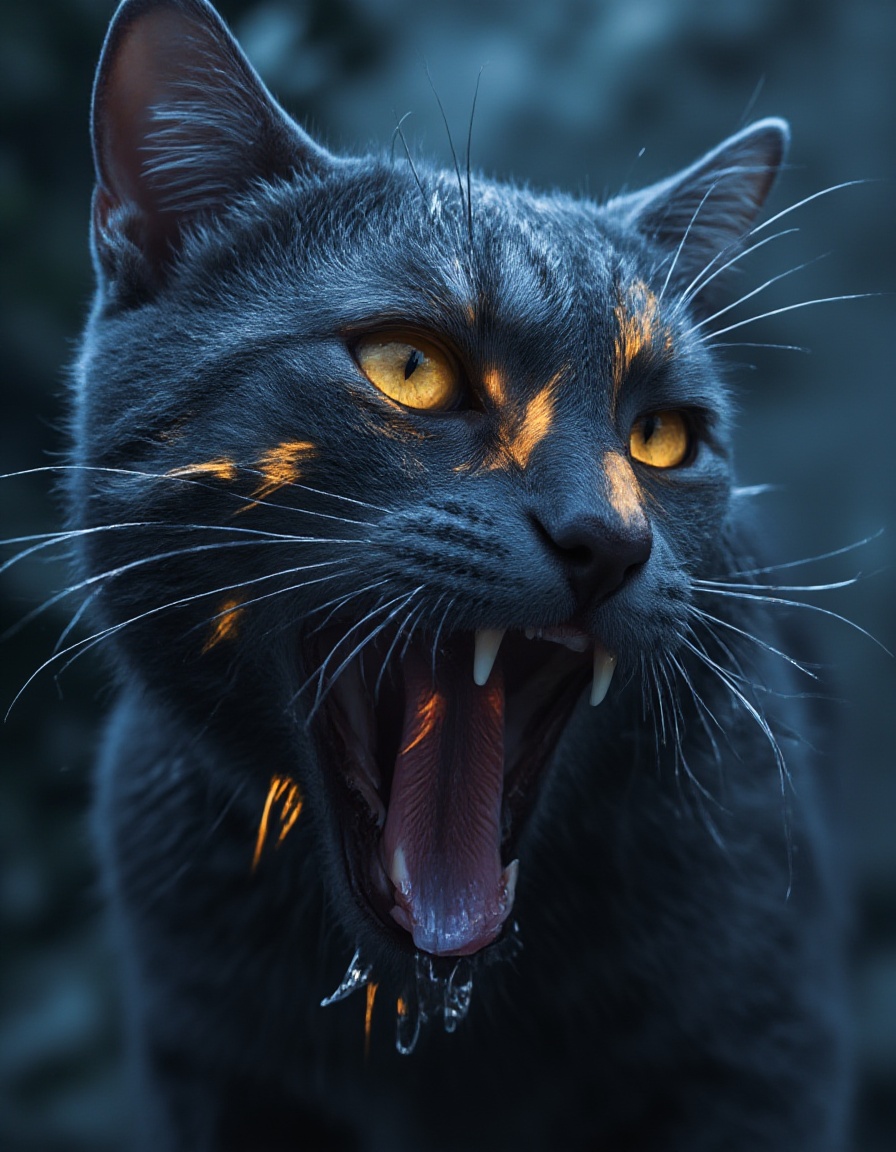 (score_9, realistic, score_8_up:1.3), score_7_up, raw, photo realistic,  HD,8K, CWFantacyGlow,1boy,animal,artist name,blurry,blurry background,blurry foreground,cat,depth of field,deviantart username,earth \(planet\),glowing,male focus,motion blur,no humans,ocean,open mouth,planet,realistic,sharp teeth,signature,solo,space,teeth,water,watermark,yellow eyes   <lora:FLUX.奇幻内发光CWFantacyGlow:1.1>