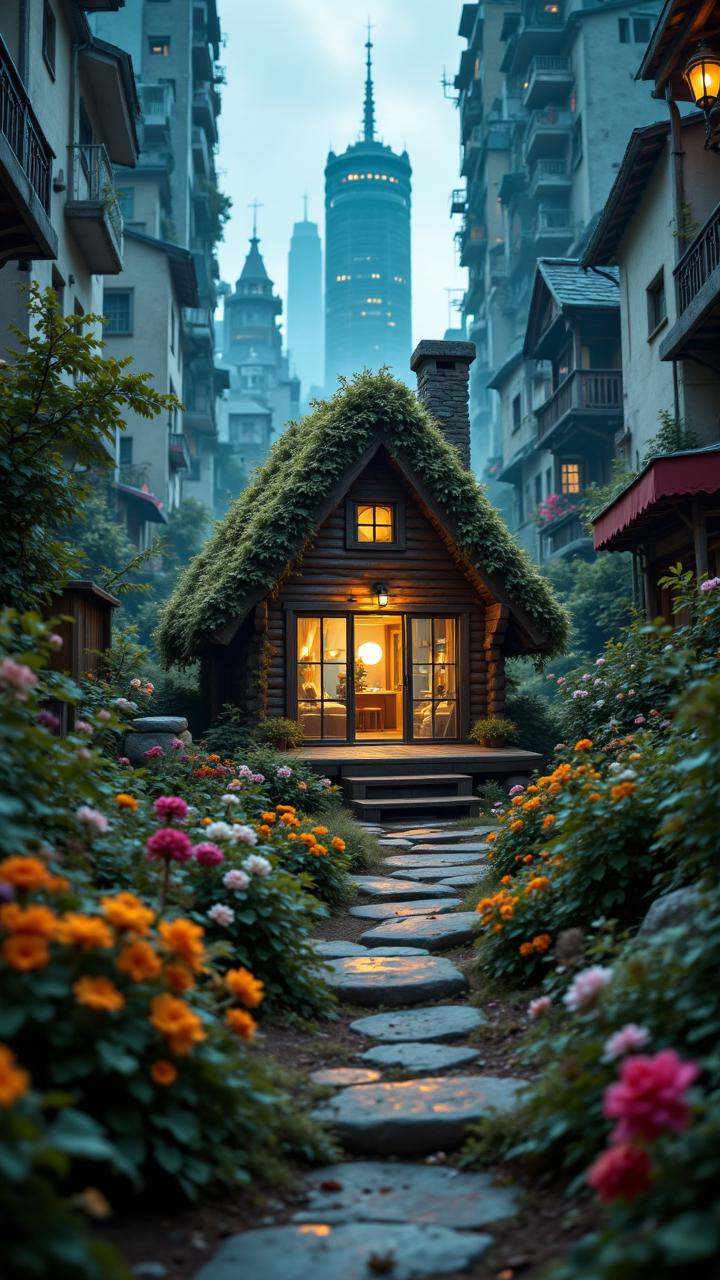 A cozy cabin nestled in the heart of a bustling city,  surrounded by towering skyscrapers and colorful buildings. The cat'...