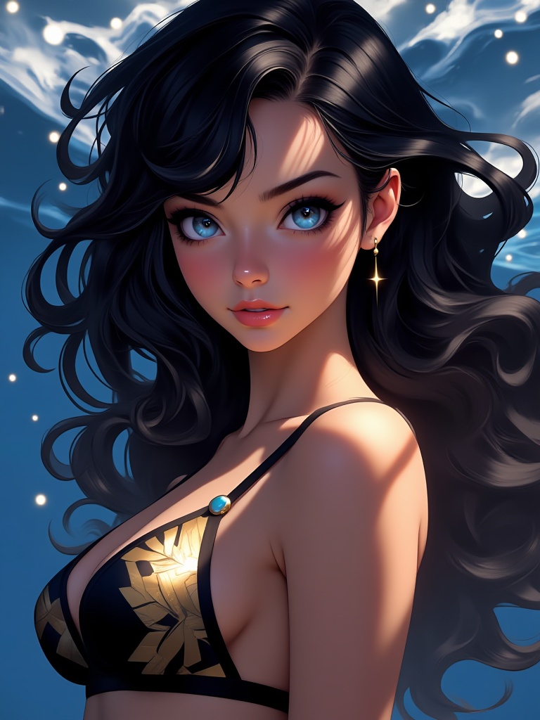 niji style,  a young woman with long,  wavy dark hair cascades over her shoulders. Her eyes are a piercing blue on Tensor.Art