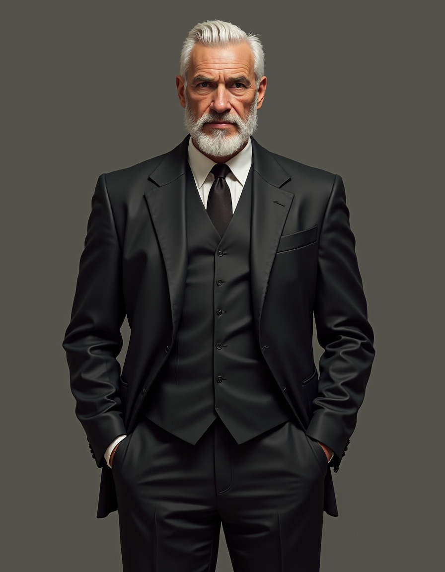 (masterpiece realistic:1.2),best quality,masterpiece,original,extremely detailed <lora:FLUX_CNfruta:0.8>1boy,old male, facial hair, muscular male, mustache,  old man, suit,pants