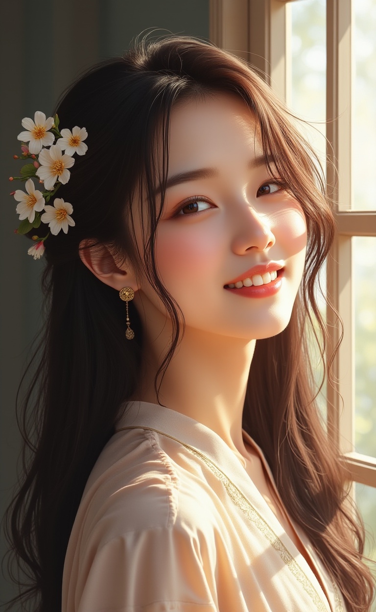 This is a very detailed digital painting depicting an Asian woman with fair skin and delicate facial features. She has long dark brown hair decorated with white flowers, and the sunlight shines on her face. Looking out the window, she closes her eyes and smiles<lora:moluo丨玉颜百媚生-1.5:1.8>