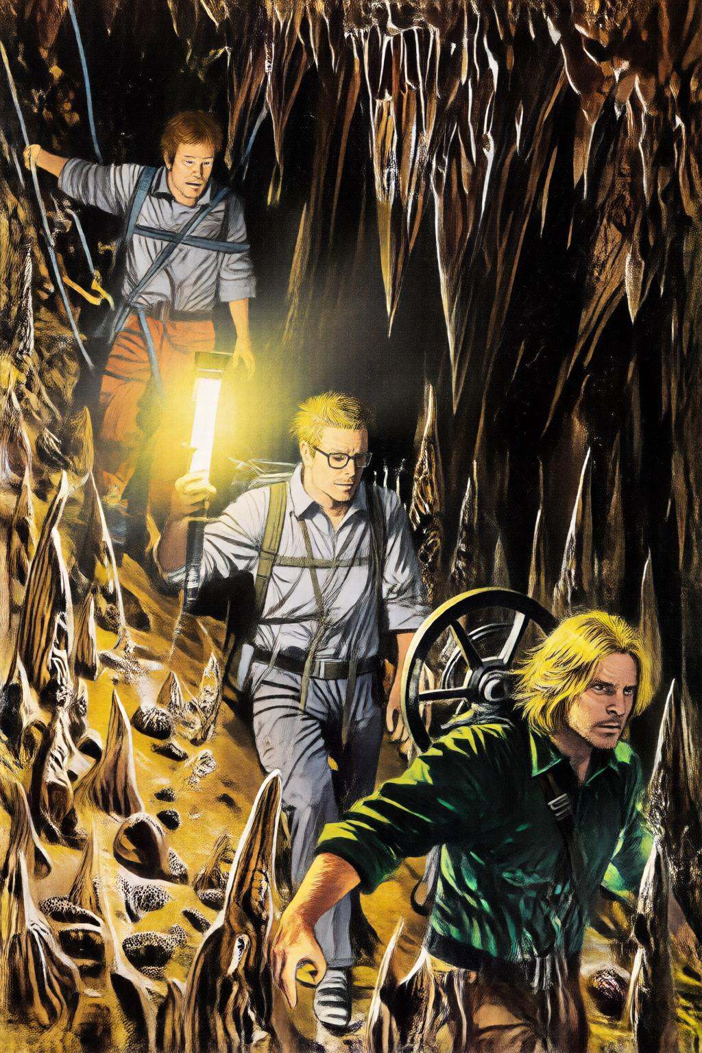 giannirenna2q illustration. Three men are walking in a line on a slope inside a cave. In the bottom right is a man with sh...