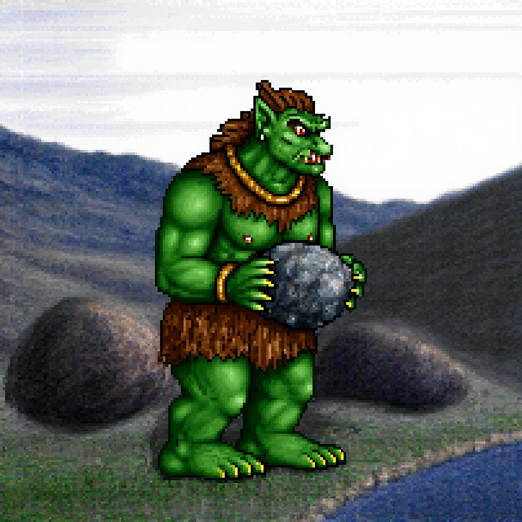 Original HoMM2 style full-height Troll creature on a barbarian faction background,  barbarian creature,  barbarian faction...