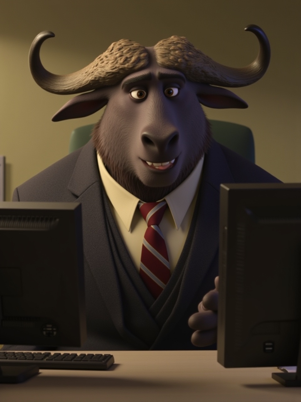 Ox male is wearing a professional dress in front of the computer in the office,