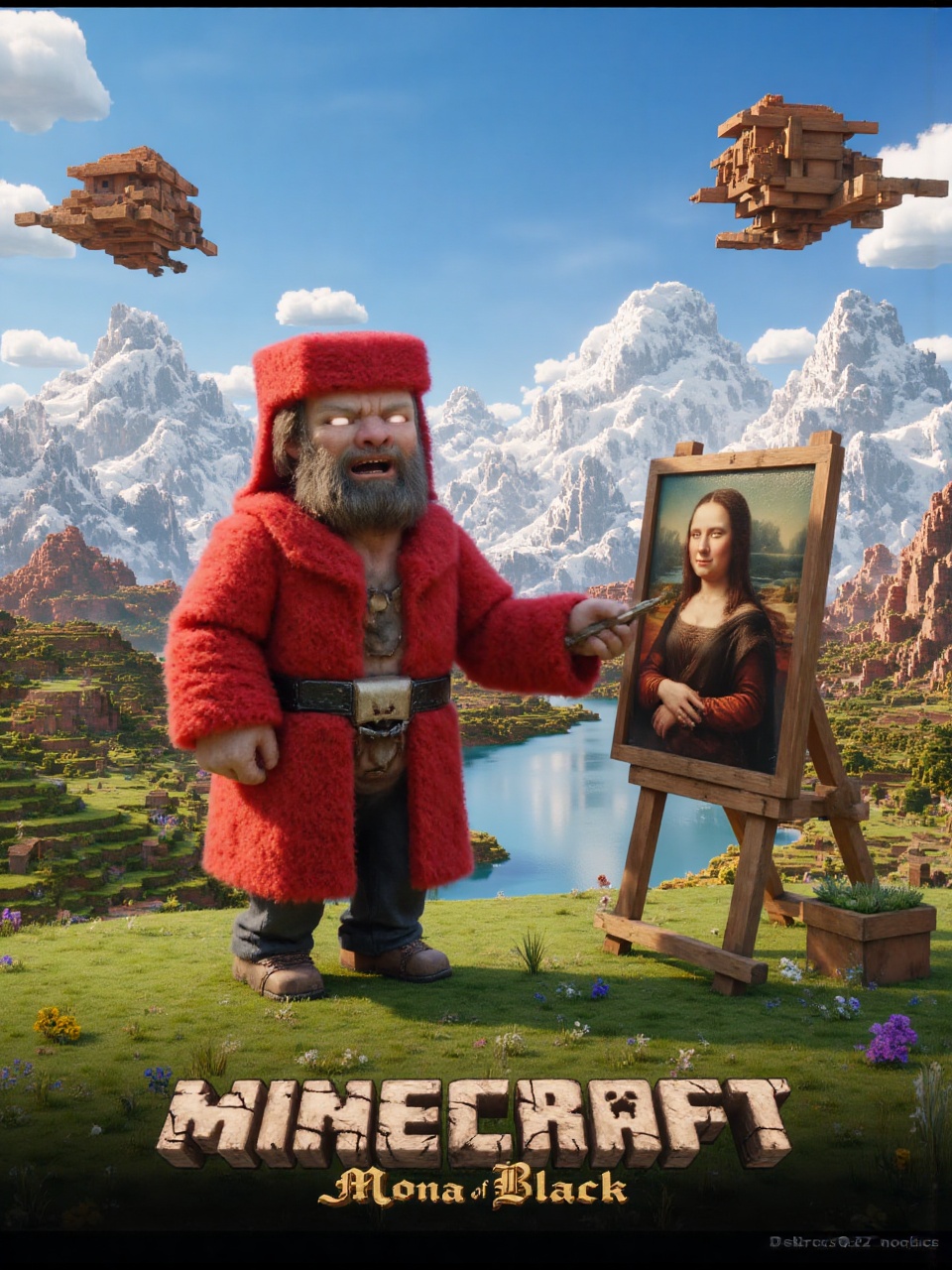 Movie poster for "Minecraft: Mona Block",  featuring a blocky Leonardo da Vinci character with flowing cubic beard and Ren...