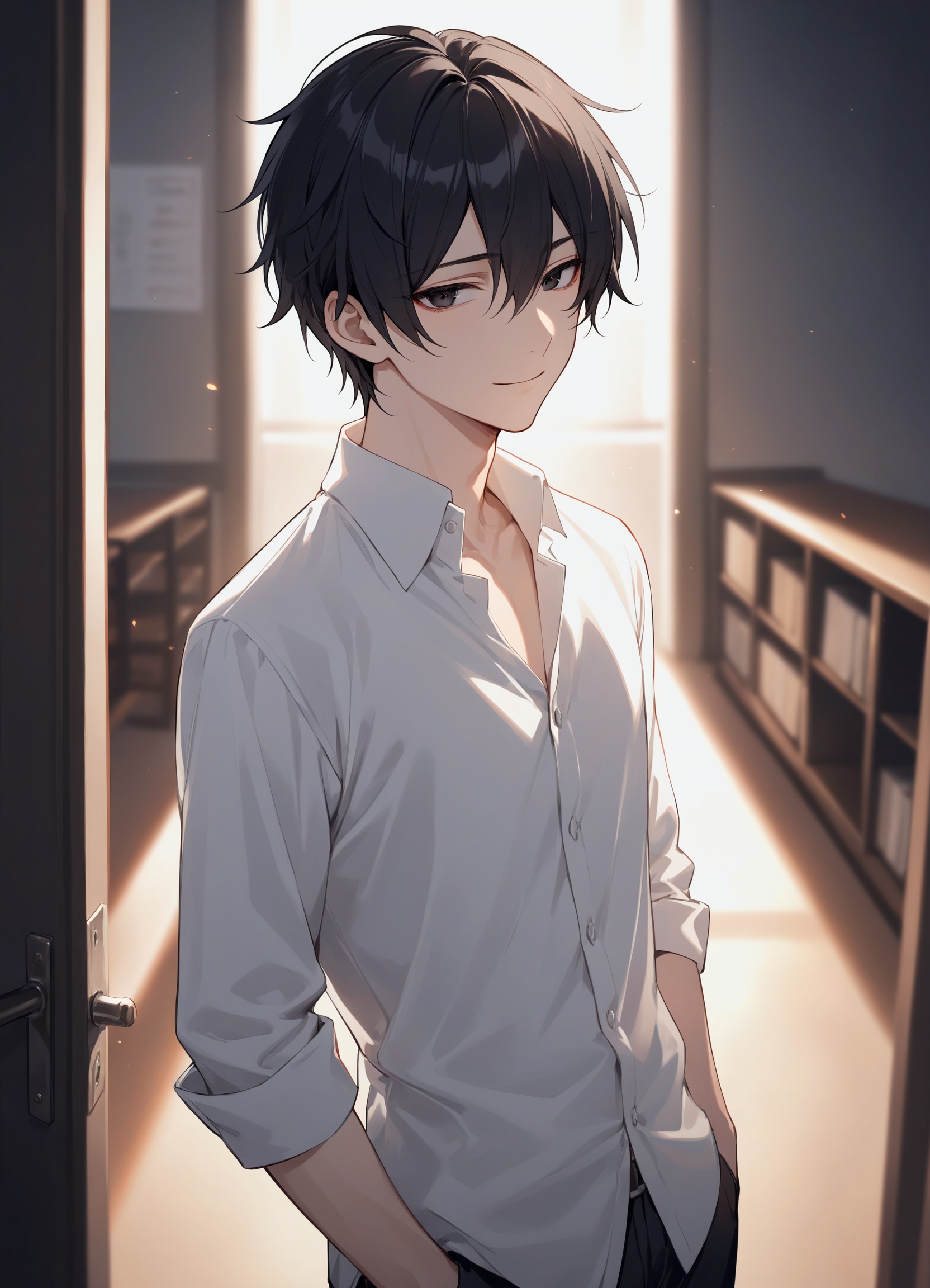 A refined and handsome young man with jet black eyes and black hair, wearing a crisp white shirt, exuding a charming yet unsettling yandere aura. Set against a blurred high school background with soft, warm lighting, creating a cozy yet slightly tense atmosphere. The young man stands at the center of the scene, with a deep, penetrating gaze and a subtle smile that is both alluring and slightly intimidating.