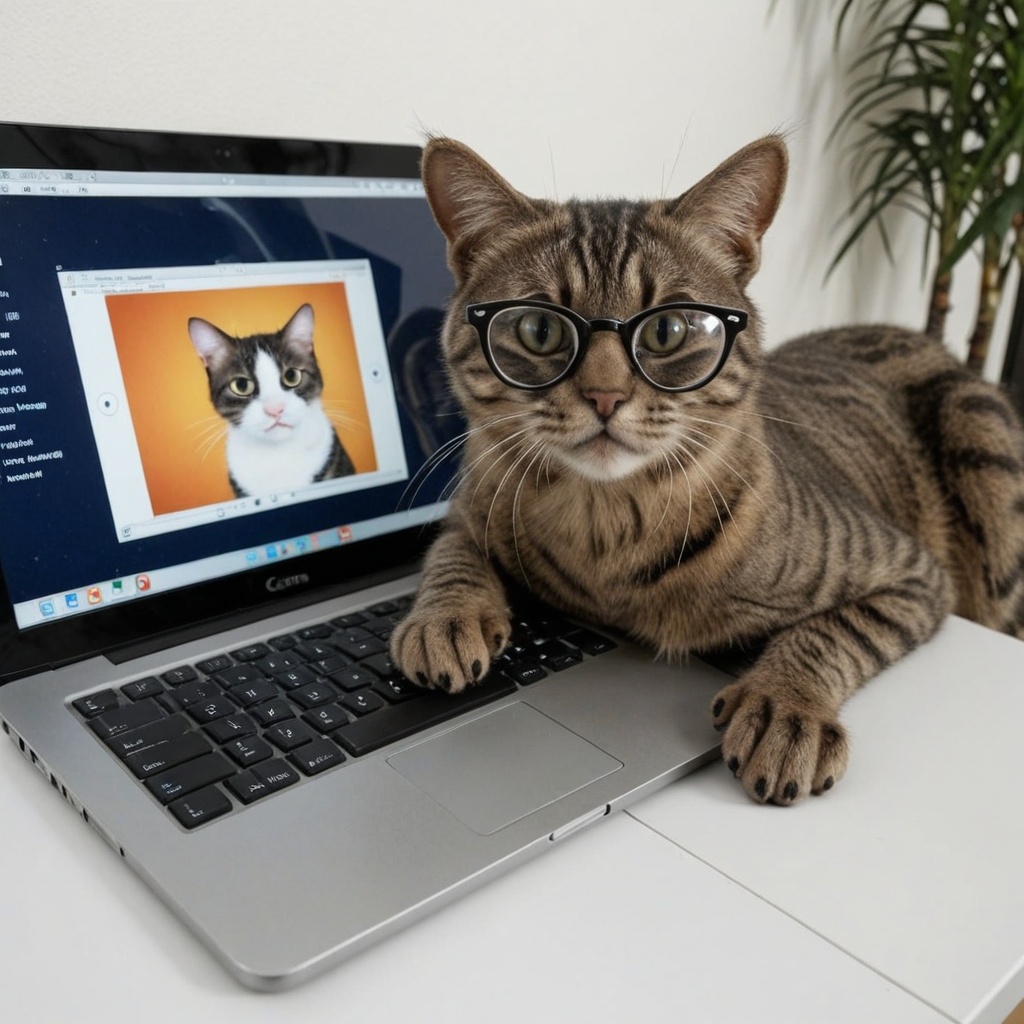 A close-up shot of a Korean Shorthair cat wearing stylish round glasses,  sitting in front of a laptop,  its paws actively...