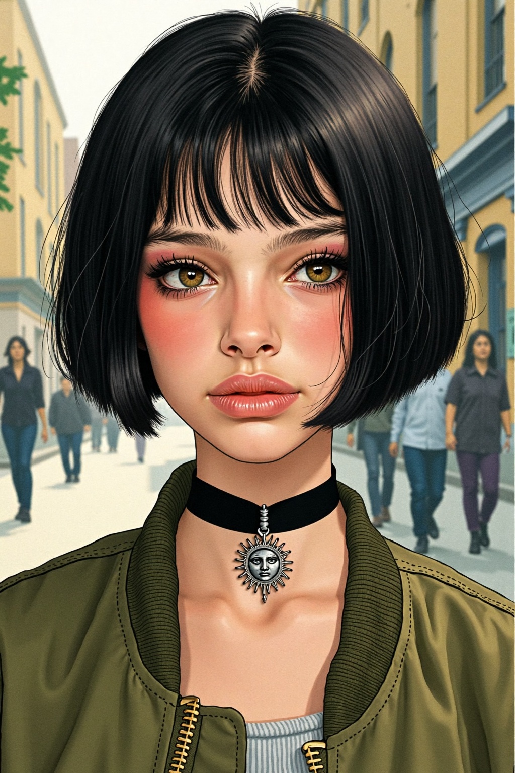 "A stylized,  hand-drawn portrait of a young woman with a short,  dark bob haircut on Tensor.Art